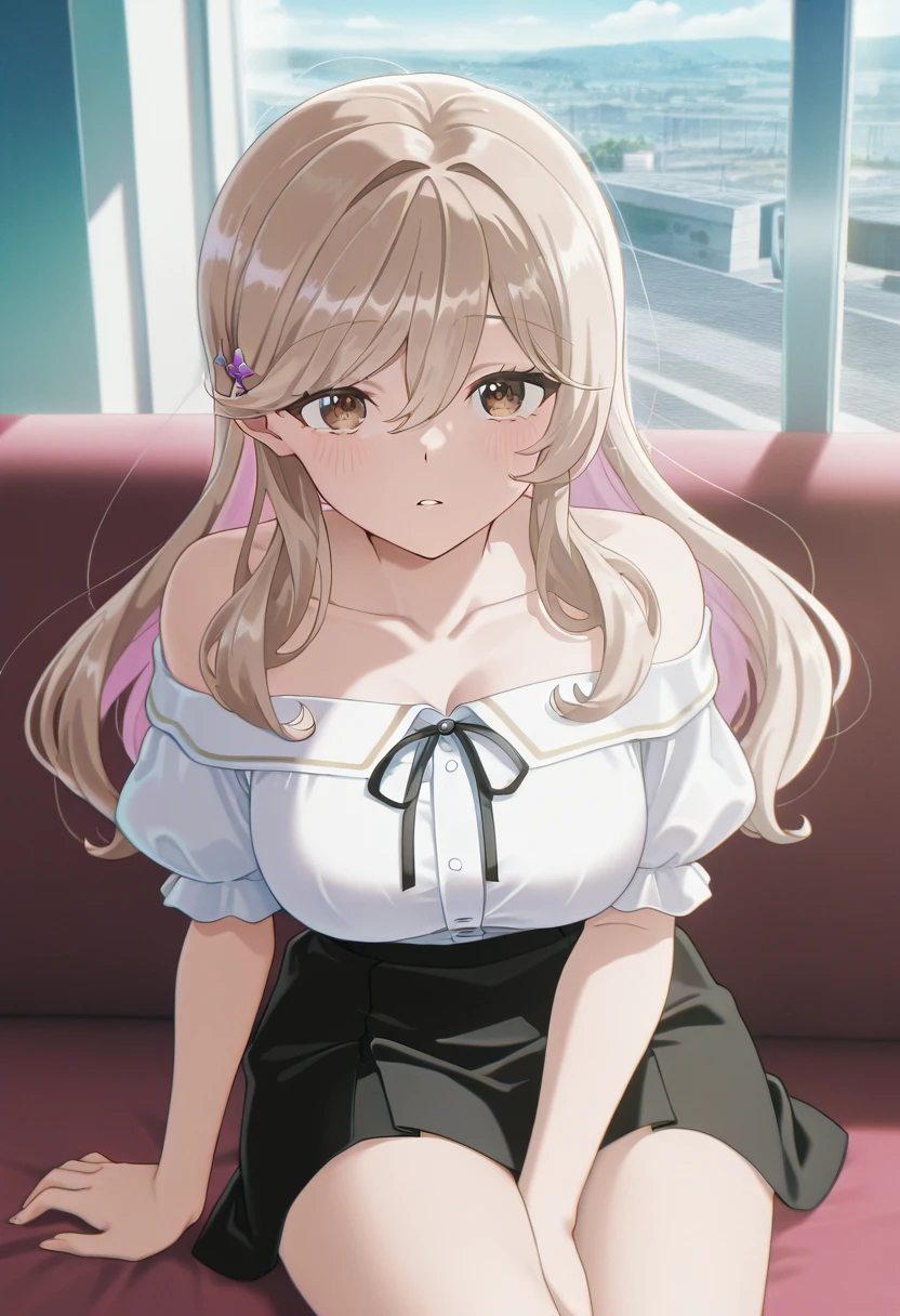 masterpiece, best quality, amazing quality, very aesthetic, absurdres, newest, scenery, anime coloring, anime screencap,
EBAjisai, 1girl, solo, long hair, large breasts, hair ornament, hair between eyes, brown eyes, sidelocks, hairclip, light brown hair, colored inner hair, dutch angle, looking at viewer, blush, bare shoulders, sitting, collarbone, white shirt, short sleeves, sidelocks, parted lips, puffy sleeves, indoors, miniskirt, off shoulder, puffy short sleeves, on couch, off-shoulder shirt,
(colorful), masterpiece, best quality, amazing quality, very aesthetic, absurdres, newest, scenery, <lora:AjisaiSenaIL-10:1>