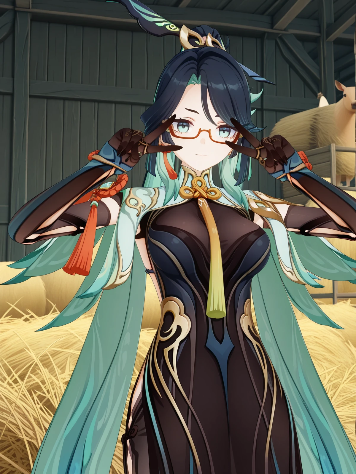 masterpiece, best quality, amazing quality,, <lora:genshin-xianyun-ingame-illustriousxl-lora-nochekaiser:1>, xianyun, xianyun (genshin impact), long hair, black hair, hair ornament, very long hair, blue hair, multicolored hair, green hair, glasses, two-tone hair, aqua eyes, aqua hair, colored inner hair, semi-rimless eyewear, red-framed eyewear, mature female, large breasts, 3d, long sleeves, gloves, dress, jewelry, earrings, black gloves, black dress, tassel, tassel earrings, v, v over eyes,, barn, animals, hay, farming, rural, cowboy shot, solo, looking at viewer,