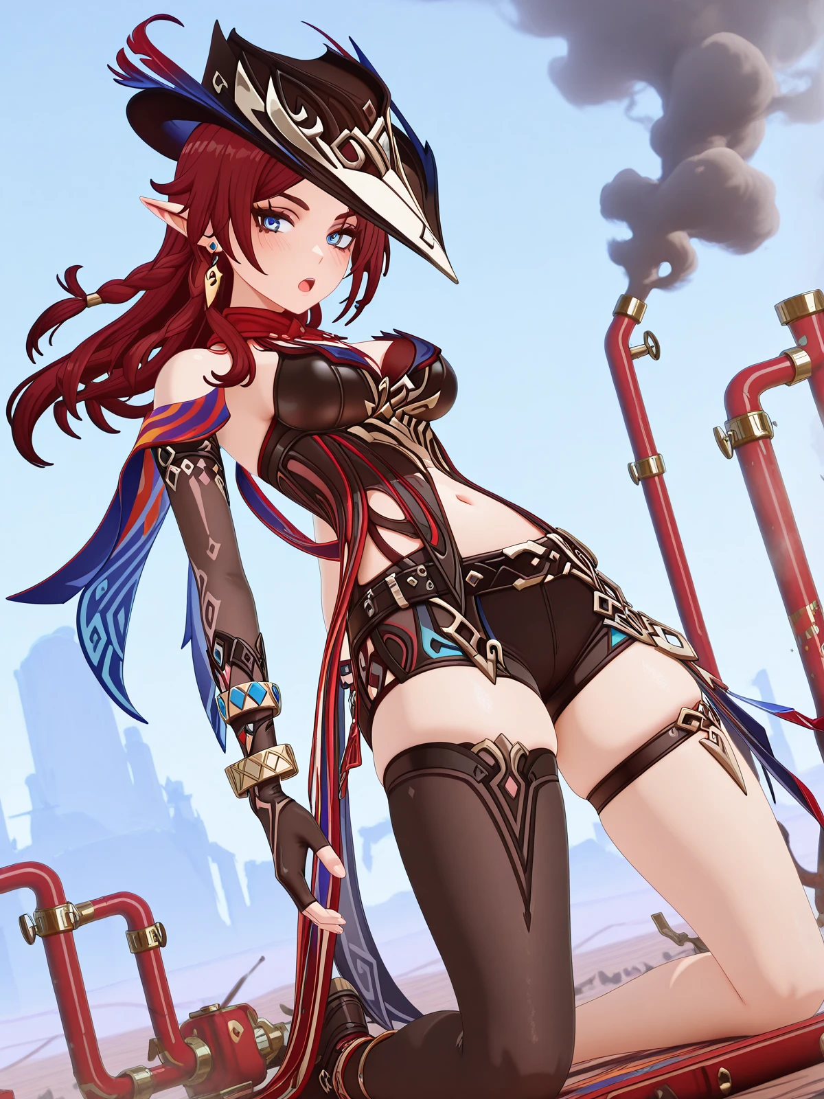 masterpiece, best quality, amazing quality,, <lora:genshin-chasca-ingame-illustriousxl-lora-nochekaiser:1>, chasca, chasca (genshin impactt), long hair, blue eyes, braid, red hair, pointy ears, elf, mature female, medium breasts, 3d, gloves, hat, navel, cleavage, jewelry, bare shoulders, earrings, shorts, black gloves, belt, fingerless gloves, scarf, bracelet, black headwear, thigh strap, single thighhigh, red scarf, hat feather, asymmetrical clothes, <lora:camel-pose-illustriousxl-lora-nochekaiser:1>, camel pose, solo, blush, open mouth, kneeling, looking at viewer, arms down,, refinery, pipes, smoke, metal, oil, cowboy shot, solo, looking at viewer,