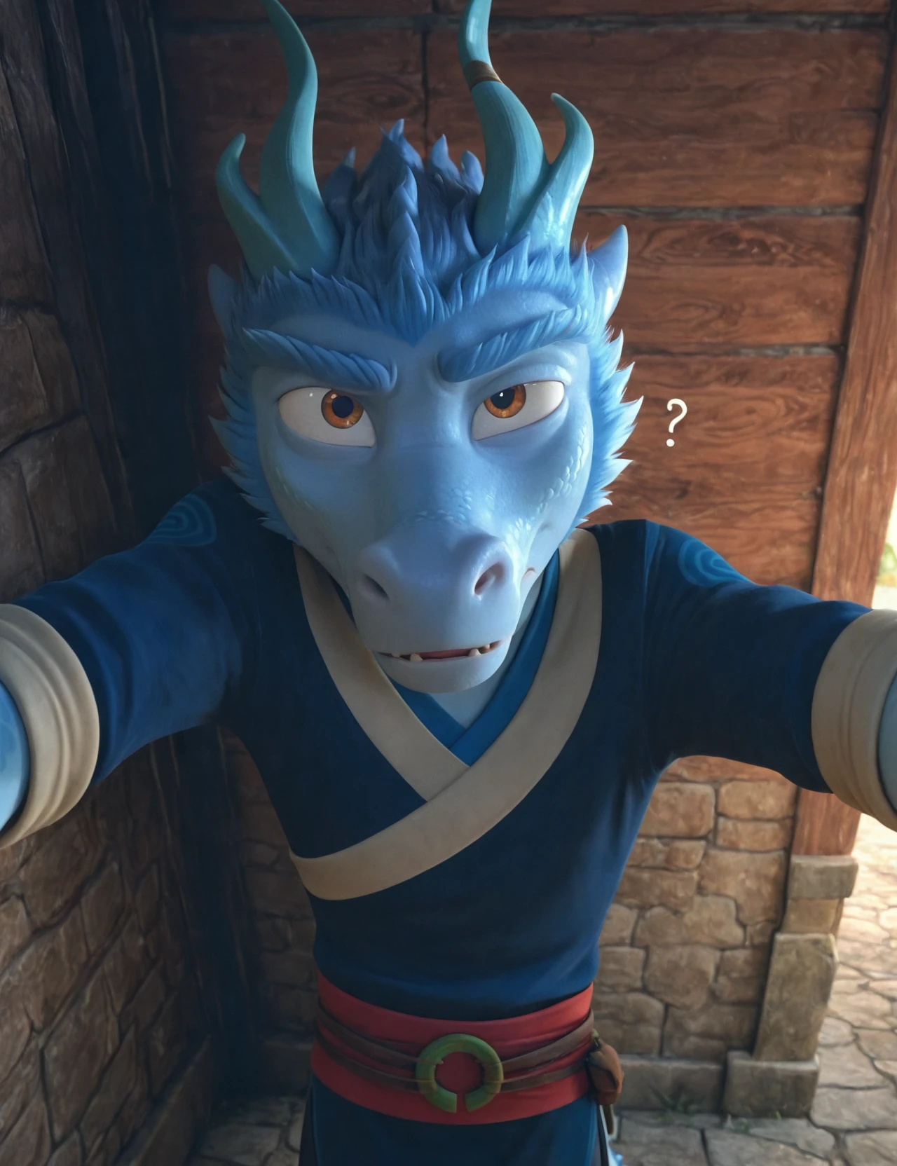 masterpiece,best quality,amazing quality, 1boy, solo, h3i, solo, anthro, male, dragon, horn, hair, scalie, scales, clothing, mammal, standing, looking at viewer,curious,huh?,single raised eyebrow,inspecting viewer, kabedon on viewer, <lora:h3i_IL:0.9>