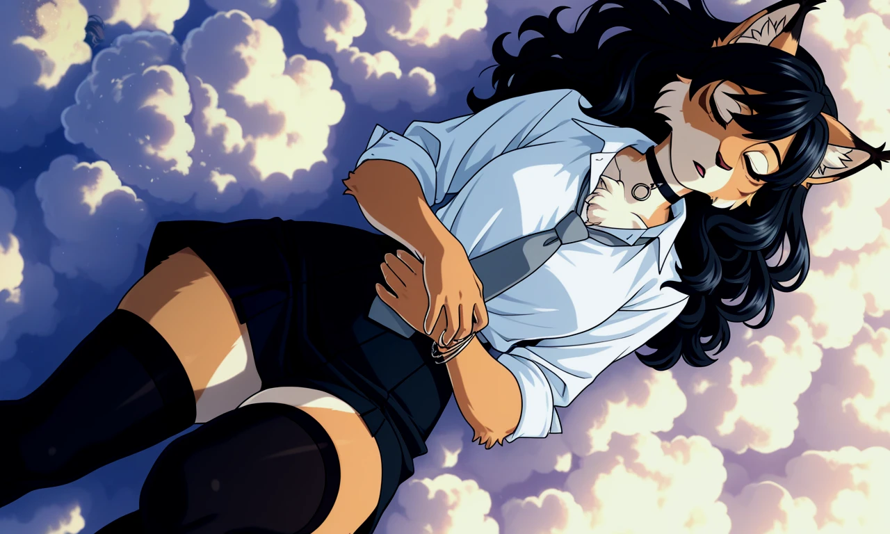 anime screencap, anime coloring, high resolution, depth of field, ray tracing, solo, mature, furry, lynx, 1girl, curly black hair, choker, long hair, sitting, button up blouse, grey necktie, black skirt, jewelry, gyaru, bangs, narrow waist, wide , black thigh highs, stock , small , fetal position, laying on a cloud, sleeping, from above