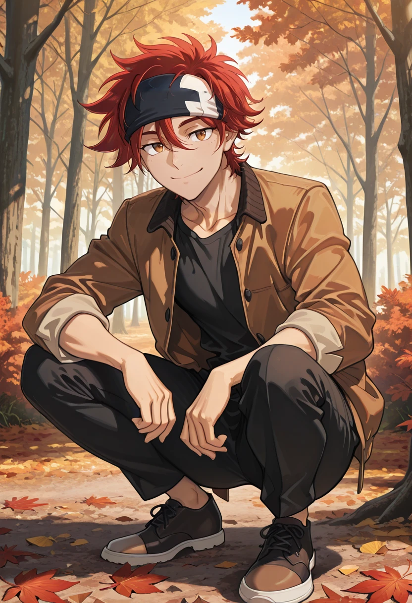 very awa, masterpiece, best quality, absurdres, newest, perfect quality, detailed background, intricate details, solo,
<lora:ILSk8R3ki:1>
Sk8R3ki, 1boy, male focus, red hair, hair between eyes, messy hair, short hair, brown eyes, headband, male focus, autumn leaves, pants, smile, jacket, black shirt, outdoors, leaf, forest, squatting, tree, nature, open clothes, shoes, open jacket