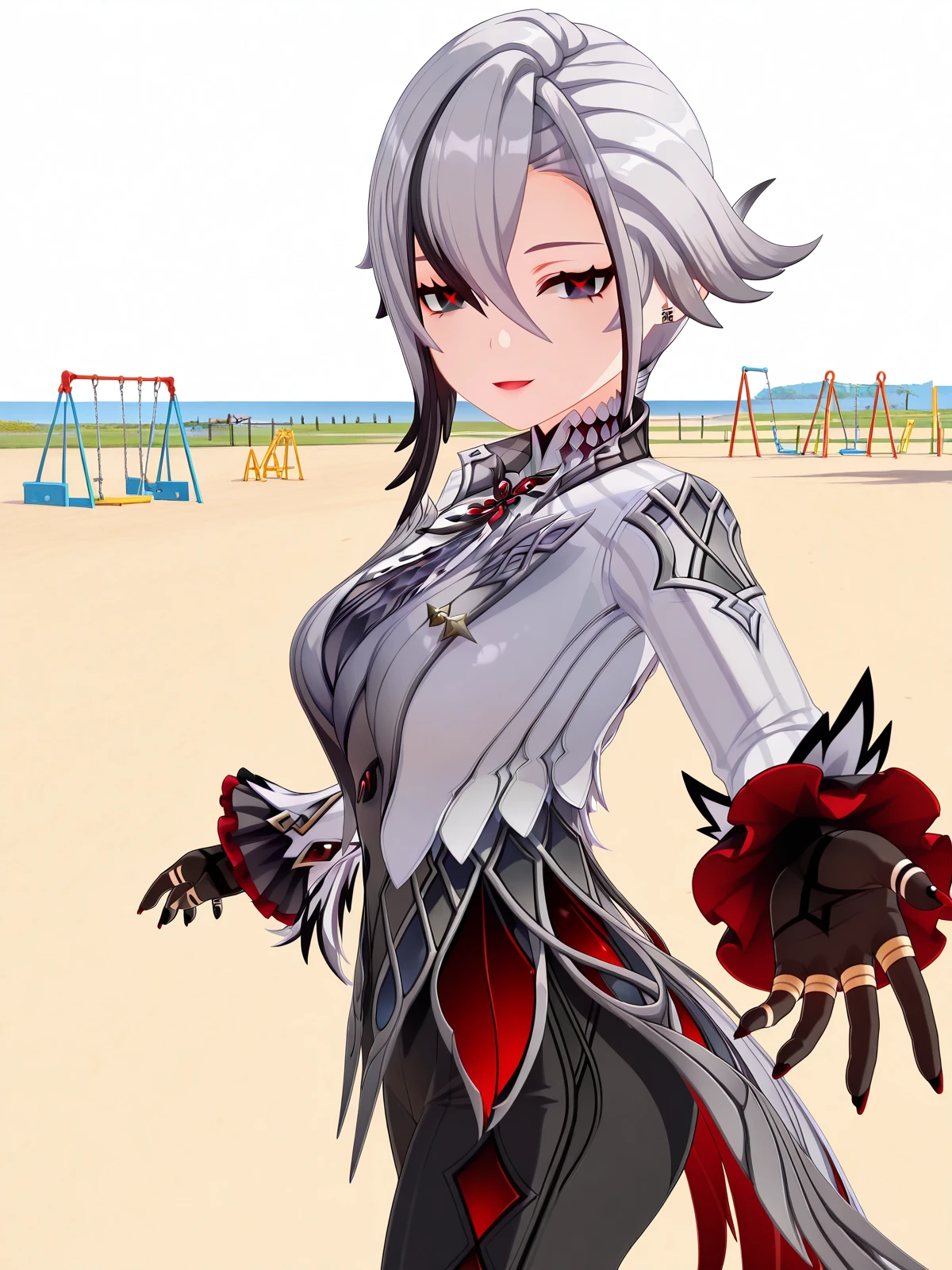 masterpiece, best quality, amazing quality,, <lora:genshin-arlecchino-ingame-illustriousxl-lora-nochekaiser:1>, arlecchino, arlecchino (genshin impact), short hair, black hair, hair between eyes, white hair, grey hair, multicolored hair, black eyes, two-tone hair, streaked hair, symbol-shaped pupils, red pupils, x-shaped pupils, mature female, large breasts, 3d, long sleeves, gloves, jacket, black gloves, pants, coat, black pants, suit,, <lora:looking-back-reaching-towards-viewer-illustriousxl-lora-nochekaiser:1>, looking back reaching towards viewer, looking at viewer, smile, looking back, open mouth, reaching towards viewer, beach, half-closed eyes, cowboy shot, sunset, public park, playground, swing set, laughter, sunny day, cowboy shot, solo, looking at viewer, <lora:transparent-background-illustriousxl-lora-nochekaiser:1>, transparent background, simple background, white background