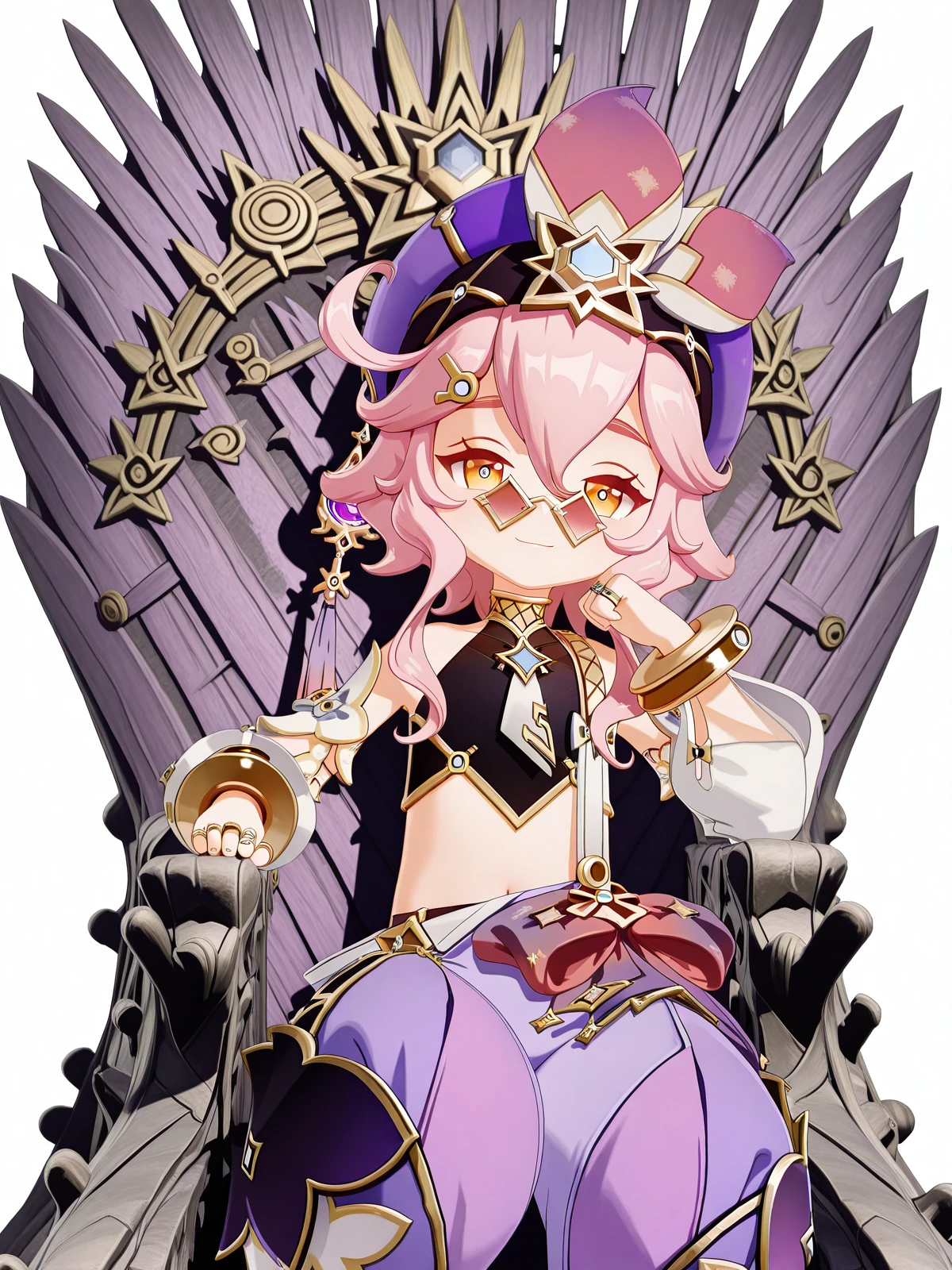 masterpiece, best quality, amazing quality,, <lora:genshin-dori-ingame-illustriousxl-lora-nochekaiser:1>, dori, dori (genshin impact), hair ornament, hair between eyes, yellow eyes, pink hair, ahoge, sidelocks, symbol-shaped pupils, sunglasses, short hair with long locks, 3d, shirt, long sleeves, hair ornament, hat, jewelry, bare shoulders, detached sleeves, sleeveless, pants, puffy sleeves, midriff, stomach, bracelet, crop top, black shirt, sleeveless shirt, sunglasses, ring, puffy long sleeves, white sleeves, tinted eyewear, purple headwear, multiple rings, pince-nez, purple pants, puffy detached sleeves, arabian clothes, puffy pants, harem pants, <lora:iron-throne-illustriousxl-lora-nochekaiser:1>, iron throne, sitting, looking at viewer, sword, throne, sitting on throne, smile, feet out of frame, elbow rest, rainy day, umbrella, walking home, puddles, wet hair, cowboy shot, solo, looking at viewer, <lora:transparent-background-illustriousxl-lora-nochekaiser:1>, transparent background, simple background, white background