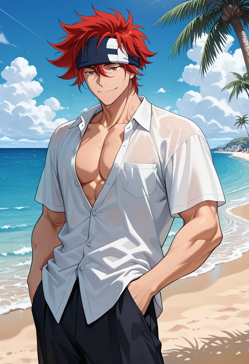very awa, masterpiece, best quality, absurdres, newest, perfect quality, detailed background, intricate details, solo,
<lora:ILSk8R3ki:1>
Sk8R3ki, 1boy, male focus, red hair, hair between eyes, messy hair, short hair, brown eyes, headband, male focus, outdoors, beach, day, palm tree, cloud, blue sky, ocean, hands in pockets, partially unbuttoned, smile, cowboy shot, water, closed mouth, standing, sand, muscular, cloudy sky
