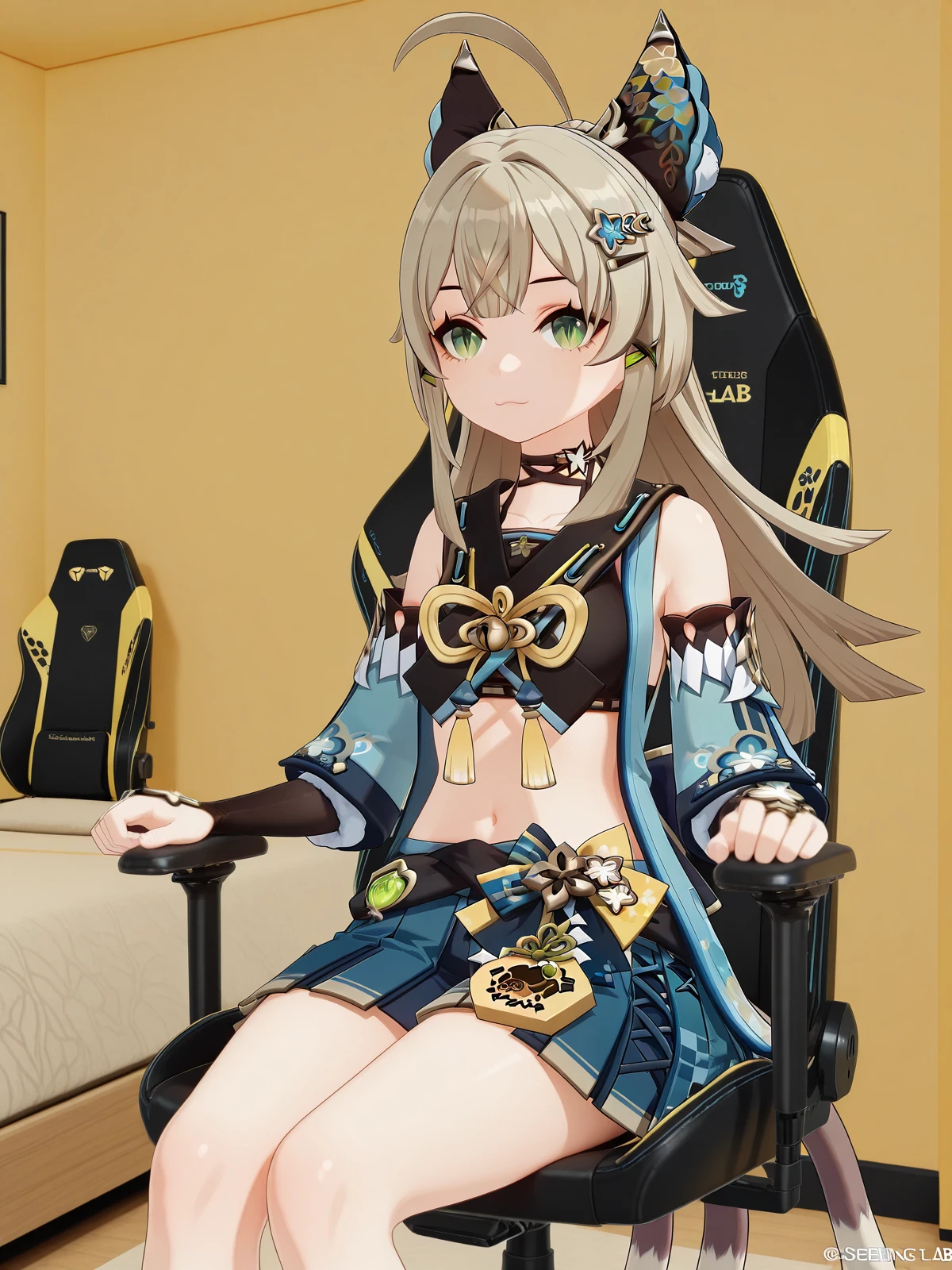 masterpiece, best quality, amazing quality,, <lora:genshin-kirara-ingame-illustriousxl-lora-nochekaiser:1>, kirara, kirara (genshin impact), long hair, brown hair, hair ornament, animal ears, green eyes, tail, ahoge, sidelocks, hairclip, cat ears, cat tail, light brown hair, cat girl, multiple tails, two tails, nekomata, mature female, small breasts, 3d, skirt, long sleeves, bare shoulders, pleated skirt, detached sleeves, choker, midriff, miniskirt, vest, crop top, blue skirt, black choker, black tank top, nekomata, sleeveless coat, <lora:secretlab-chair-illustriousxl-lora-nochekaiser:1>, secretlab chair, chair, office chair, gaming chair, sitting, cowboy shot, hotel, rooms, lobby, guests, beds, cowboy shot, solo, looking at viewer,