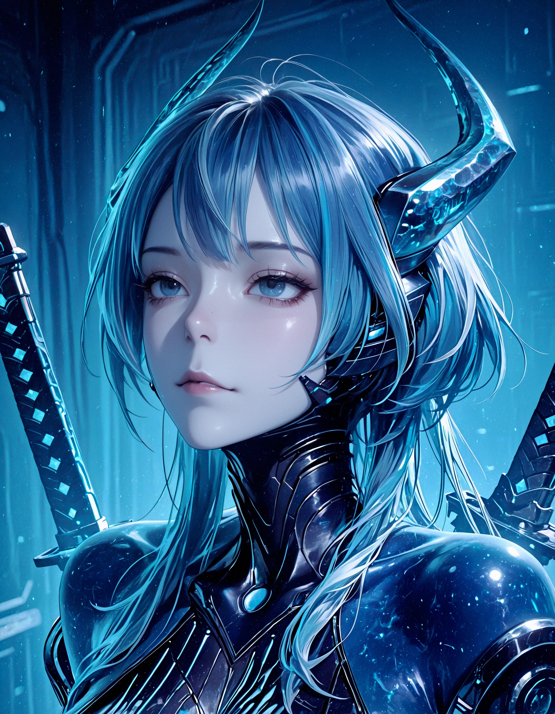 SmoothNoob_Quality, masterpiece, best quality, newest, absurdres, highres, very awa, very aesthetic, ultra-detailed, vivid, raytracing, babata, swallowed_star, artificial_intelligence, energy_body, pale_skin, horns, grey_eyes, blue_hair, 1girl, solo, blue hair, weapon, long hair, headgear, eyelashes, sword, closed mouth, blue eyes, lips, blue theme, streaked hair, <lora:Babata_Swallowed_Star_ILL-000003:1>
