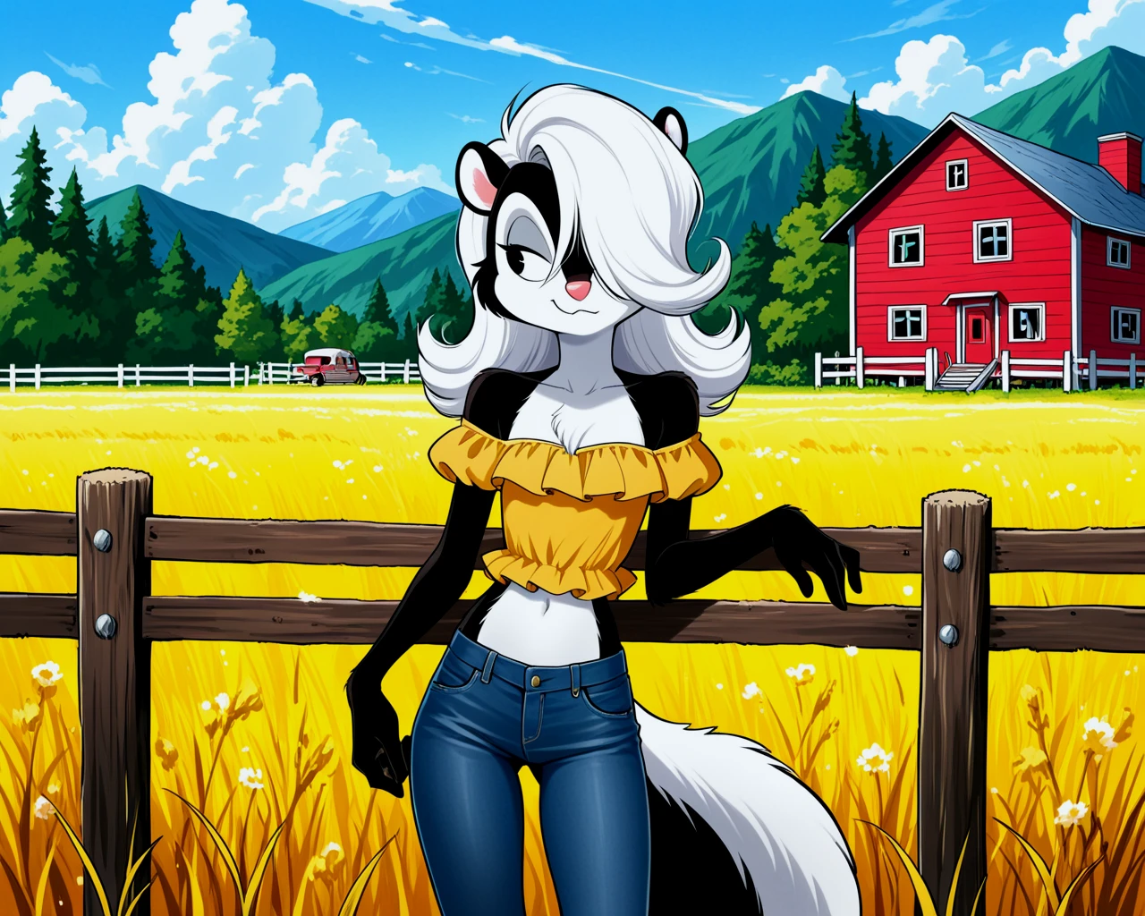 Cute female (fluffy:0.7), furry, Skunk, black eyes, white hair curly, hair over one eye, Smocked off-shoulder top, skinny jeans,looking away, , Roger Rabbit Dance
newest, very aesthetic, best quality, absurdres, masterpiece, detailed face, by noob the loser, by roly,  farmhouse, Hanna-Barbera style