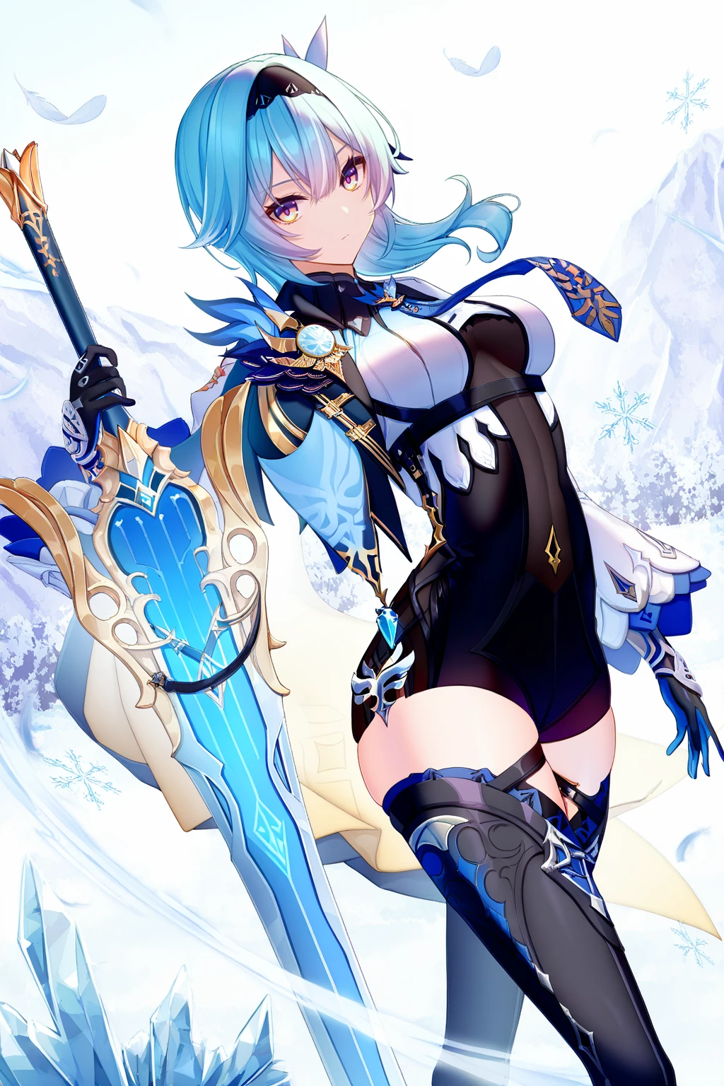 ((16k, best quality, absurdres <lora:AddMicroDetails_Illustrious_v5_1861226:0.25> addmicrodetails)), <lora:LightRiaArt:1> lightria, lightriaart, <lora:EulaGenshinIXL_994137:1> zzEula, hair between eyes, multicolored eyes, purple eyes, yellow eyes, expressionless, closed mouth, blue hair, medium hair, black hairband, thighhighs, thick thighs, gloves, necktie, long sleeves, necktie, black gloves, cape, leotard, blue necktie, hairband, shirt, thigh boots, side cape, high heel boots, high heels, boots, breasts, 1girl, dynamic pose, cryokinesis, dutch angle, falling feathers, feathers, greatsword, holding, holding sword, holding weapon, ice, looking at viewer, outdoors, snowflakes, solo, song of broken pines (genshin impact), sparkle, standing, sword, two-tone eyes, vision (genshin impact), weapon,