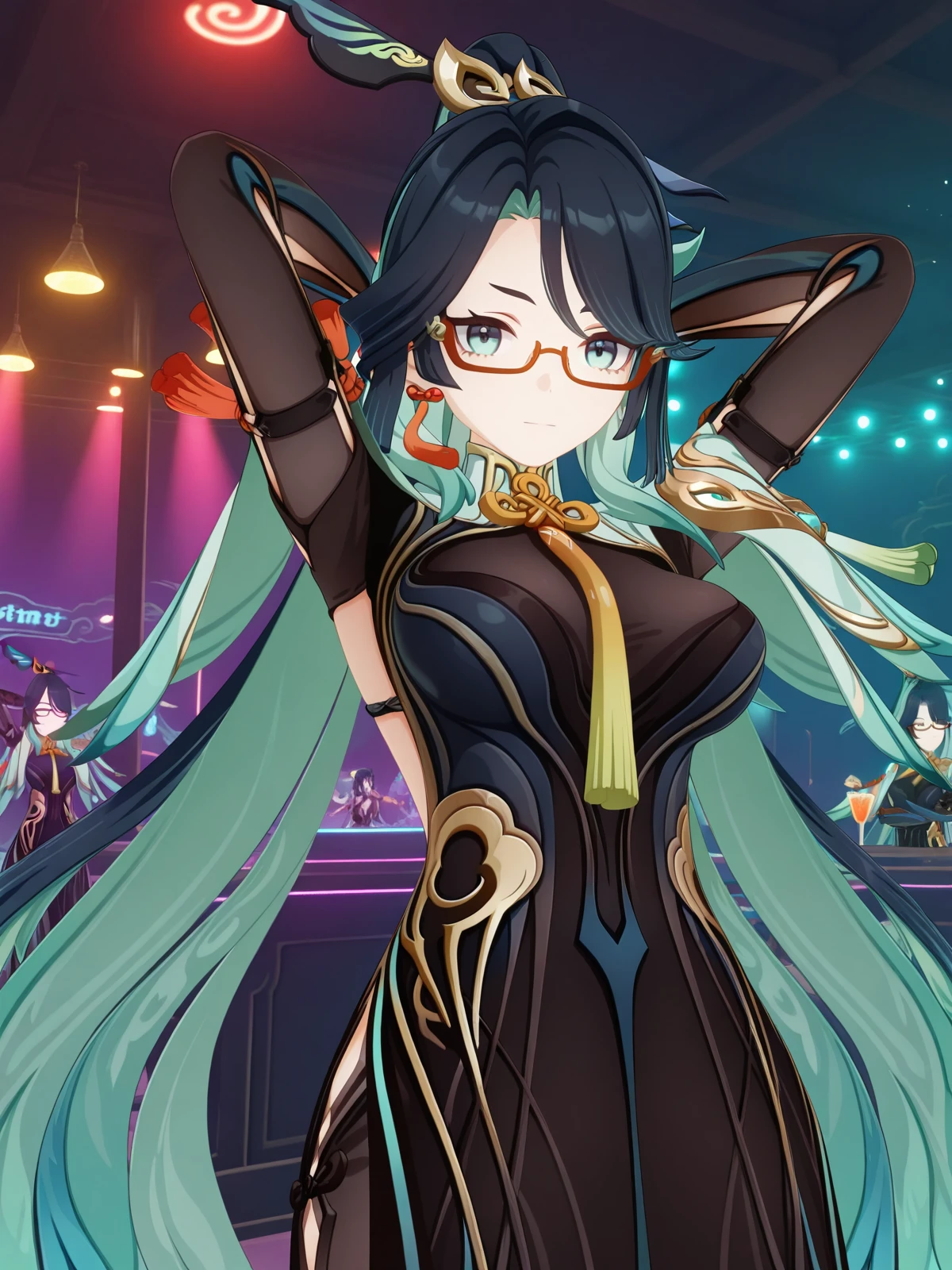 masterpiece, best quality, amazing quality,, <lora:genshin-xianyun-ingame-illustriousxl-lora-nochekaiser:1>, xianyun, xianyun (genshin impact), long hair, black hair, hair ornament, very long hair, blue hair, multicolored hair, green hair, glasses, two-tone hair, aqua eyes, aqua hair, colored inner hair, semi-rimless eyewear, red-framed eyewear, mature female, large breasts, 3d, long sleeves, gloves, dress, jewelry, earrings, black gloves, black dress, tassel, tassel earrings, hands behind head,, nightclub, lights, music, dance, drinks, cowboy shot, solo, looking at viewer,