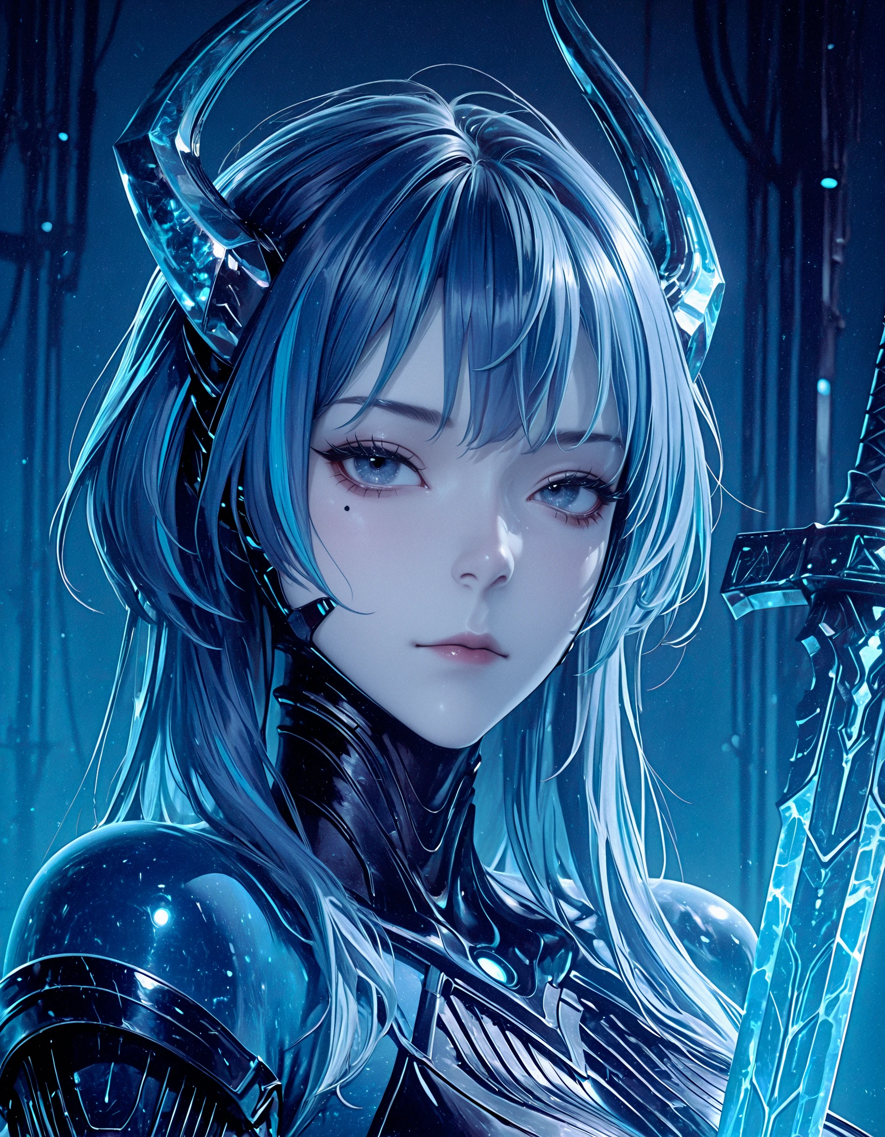 SmoothNoob_Quality, masterpiece, best quality, newest, absurdres, highres, very awa, very aesthetic, ultra-detailed, vivid, raytracing, babata, swallowed_star, artificial_intelligence, energy_body, pale_skin, horns, grey_eyes, blue_hair, 1girl, solo, blue hair, weapon, long hair, headgear, eyelashes, sword, closed mouth, blue eyes, lips, blue theme, streaked hair, <lora:Babata_Swallowed_Star_ILL-000003:1>
