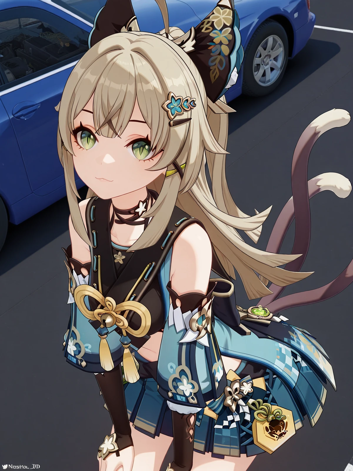 masterpiece, best quality, amazing quality,, <lora:genshin-kirara-ingame-illustriousxl-lora-nochekaiser:1>, kirara, kirara (genshin impact), long hair, brown hair, hair ornament, animal ears, green eyes, tail, ahoge, sidelocks, hairclip, cat ears, cat tail, light brown hair, cat girl, multiple tails, two tails, nekomata, mature female, small breasts, 3d, skirt, long sleeves, bare shoulders, pleated skirt, detached sleeves, choker, midriff, miniskirt, vest, crop top, blue skirt, black choker, black tank top, nekomata, sleeveless coat, hands on own knees, parking lot, cars, asphalt, spaces, open, cowboy shot, solo, looking at viewer,