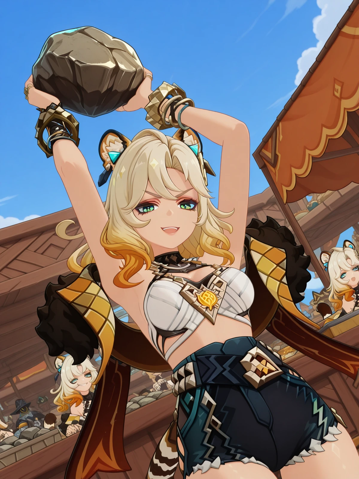 masterpiece, best quality, amazing quality,, <lora:genshin-xilonen-ingame-illustriousxl-lora-nochekaiser:1>, xilonen, xilonen (genshin impact), long hair, blonde hair, hair ornament, animal ears, green eyes, tail, multicolored hair, gradient hair, tiger ears, tiger tail, tiger girl, mature female, large breasts, 3d, jewelry, bare shoulders, jacket, shorts, off shoulder, bracelet, fur trim, short shorts, sideboob, black shorts, ring, denim shorts,, <lora:alexthelion-holding-rock-illustriousxl-lora-nochekaiser:1>, alexthelion holding rock, solo, looking at viewer, open mouth, holding, holding rock, arms up, looking down, v-shaped eyebrows, evil grin, blue sky, open mouth, dutch angle, market stall, goods, people, shopping, vendor, cowboy shot, solo, looking at viewer,