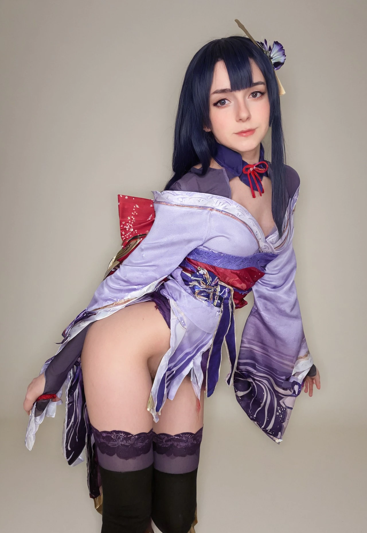 detailed, masterpiece, very aesthetic, 1girl, solo, photorealistic, Japanese clothes, thighhighs, kimono, Obi, Sash, wide sleeves, hair ornament, sfw, safe for work, PG,p0rnXL