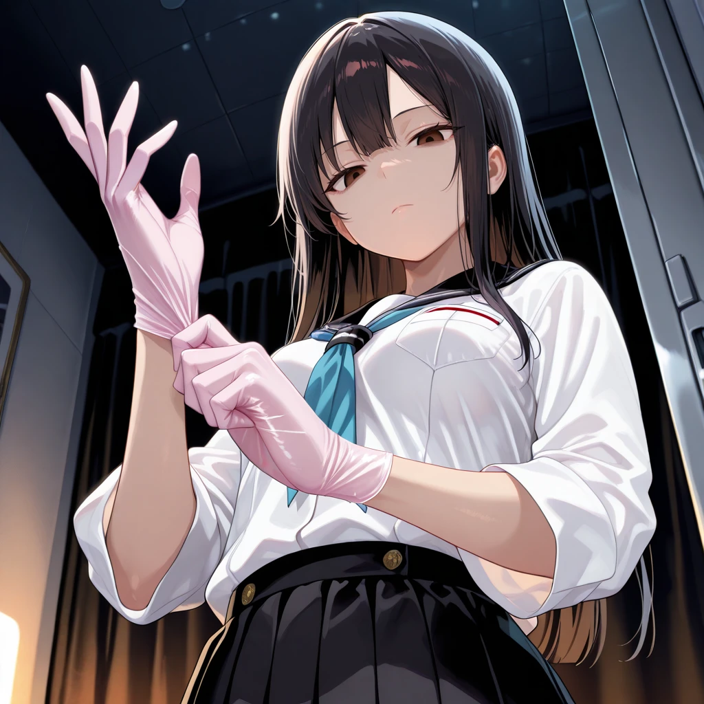 <lora:medicalgloves_il_v1-000020:1>,medicalgloves, (adjusting gloves), upper body, 1girl, standing, from below, looking down, rubber gloves, (pink gloves), expressionless, looking at viewer, expressionless, empty eyes, (frown,disgust:0.5), half-closed eyes,
black hair, long hair, brown eyes, medium breasts, school uniform, white shirt, black skirt,
hotel room, dark room, <lora:AdjustingGloves_XLPD:1>, masterpiece,best quality,amazing quality,