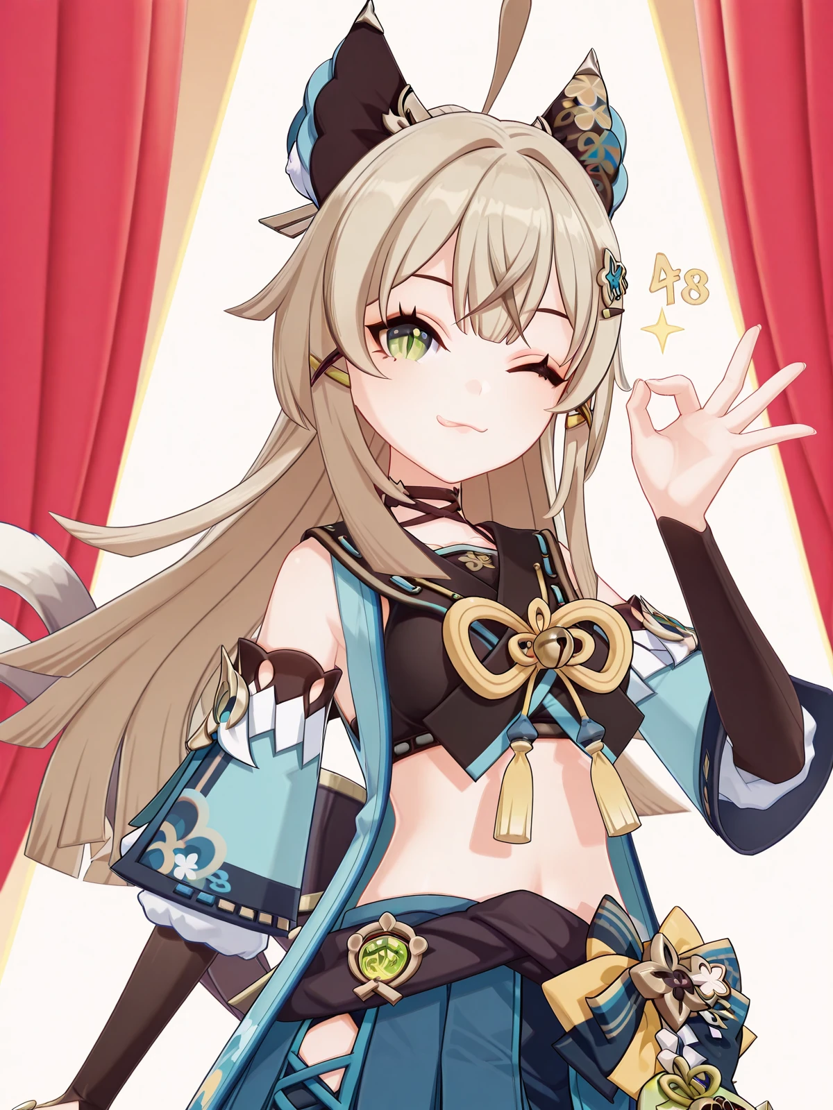 masterpiece, best quality, amazing quality,, <lora:genshin-kirara-ingame-illustriousxl-lora-nochekaiser:1>, kirara, kirara (genshin impact), long hair, brown hair, hair ornament, animal ears, green eyes, tail, ahoge, sidelocks, hairclip, cat ears, cat tail, light brown hair, cat girl, multiple tails, two tails, nekomata, mature female, small breasts, 3d, skirt, long sleeves, bare shoulders, pleated skirt, detached sleeves, choker, midriff, miniskirt, vest, crop top, blue skirt, black choker, black tank top, nekomata, sleeveless coat, <lora:money-gesture-illustriousxl-lora-nochekaiser:1>, money gesture, smile, tongue out, looking at viewer, money eyes, sparkling, ok sign, one eye closed, upper body, money, yen sign, dollar sign, hand up,, stage, curtains, spotlight, audience, microphone, cowboy shot, solo, looking at viewer, <lora:transparent-background-illustriousxl-lora-nochekaiser:1>, transparent background, simple background, white background