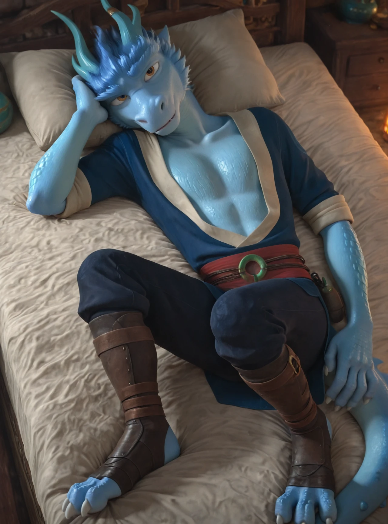masterpiece,best quality,amazing quality, 1boy, solo, h3i, solo, anthro, male, dragon, horn, hair, scalie, scales, clothing, mammal, lying, on bed, open clothes, ventral scales, looking at viewer, claws, toeless footwear, <lora:h3i_IL:0.9>