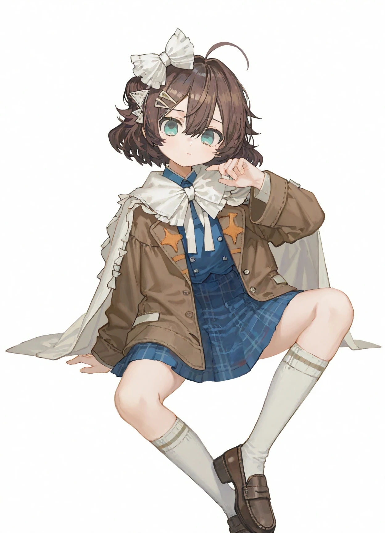 very awa,masterpiece,huge filesize,best quality,newest,[[4 fingers]],4toes,
realistic,(quasarcake:0.7),[[artist:ciloranko]],highres,
((solo:1.5)),1girl,<lora:kanat0.v1:0.8>,kanat0,<lora:Age-V2:2>,
real world location,photo bashing,
<lora:Flutterpage2:1>,zxqe2,brown hair,short hair,ahoge,hair between eyes,aqua eyes,brown jacket,open clothes,white cape,blue dress,plaid skirt,medium skirt,white socks,kneehighs,brown footwear,black shoes,loafers,hair ornament,buttons,frills,ribbon,white bow,hair bow,origami,
white background,simple background,full_shot,dynamic pose,sitting,looking_at_viewer,