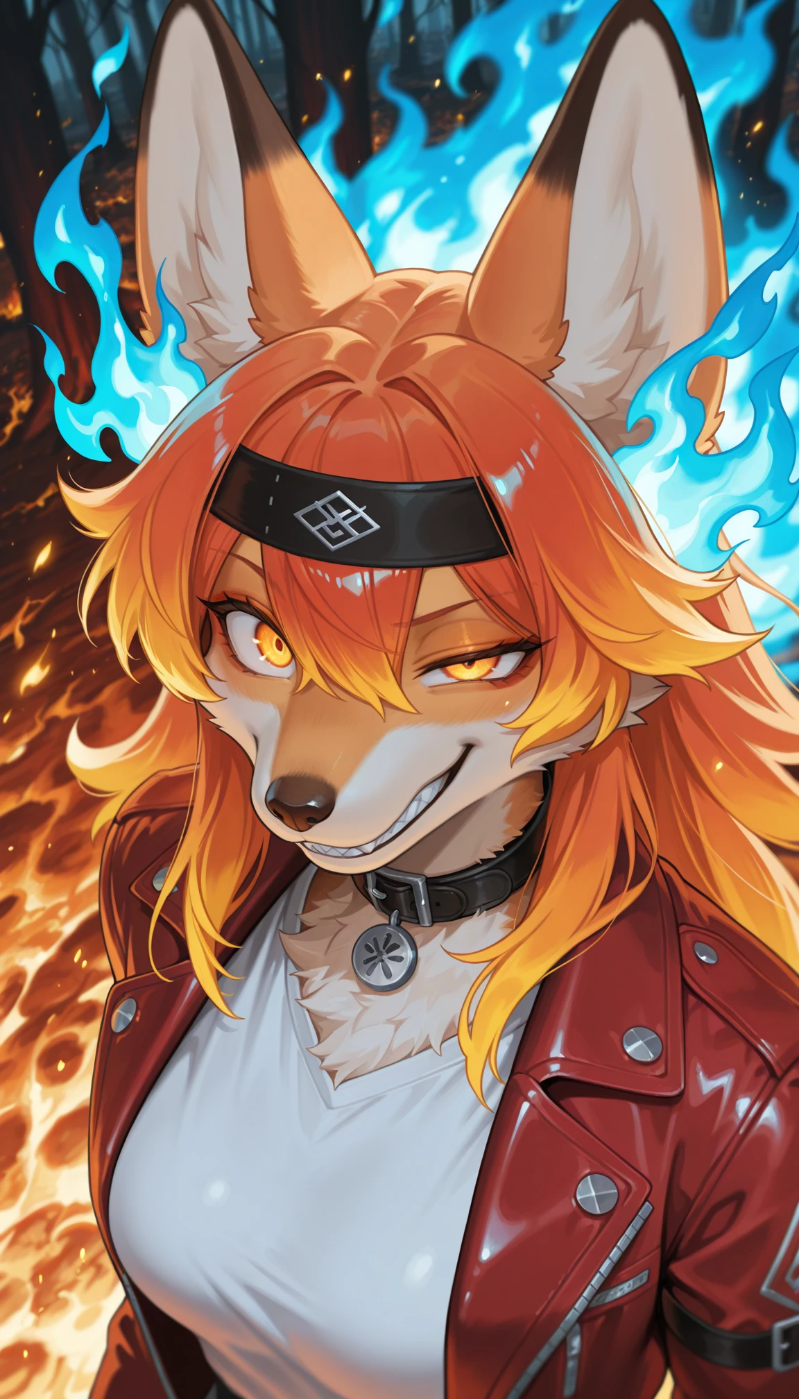masterpiece, best quality, amazing quality, very aesthetic, 4k, high resolution, ultra-detailed, absurdres, newest, scenery, 1girl, furry, anthro, dark ambient, glow, anthro furry female orange fox, phoenix fox girl, orange fur, long hair, gradient hair, orange flame hair AND (blue flame hair:1.2), hair between eyes, glowing gradient orange yellow eyes, large eyes, uneven eyes, enface portrait, small, medium breasts, looking at viewer, upturned eyes, intimidating, smirk, smug, grin, crazy smile, sharp teeth, black headband with fire pattern, black collar with white spikes, leather flaming hot red jacket over white shirt, cinematic lighting, fluffy, portrait, dutch angle, from above, (detailed multicolor fire forest background, fiery background:1.2), (blue fire:1.2) AND red fire, BREAK, detailed eyes, photorealistic details, depth of field, detailed fluffy fur, volumetric lighting