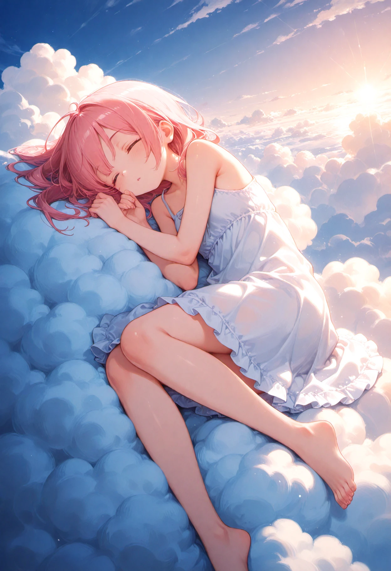 masterpiece, best quality, very aesthetic,1girl, solo, cloud, in sky, lying, floating, sleeping on cloud, on side, sundress, pink hair, sunlight