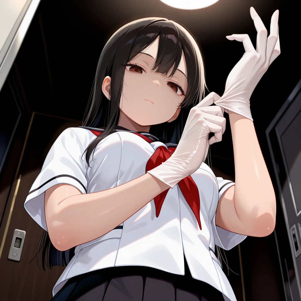 <lora:medicalgloves_il_v1-000020:1>,medicalgloves, (adjusting gloves), upper body, 1girl, standing, from below, looking down, rubber gloves, white gloves, expressionless, looking at viewer, expressionless, empty eyes, (frown,disgust:0.5), half-closed eyes,
black hair, long hair, brown eyes, medium breasts, school uniform, white shirt, black skirt,
hotel room, dark room,, masterpiece,best quality,amazing quality,