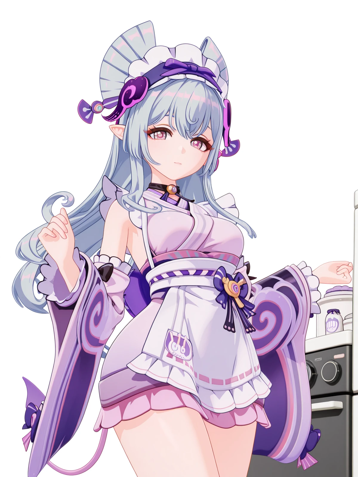 masterpiece, best quality, amazing quality,, <lora:genshin-mizuki-yumemizuki-ingame-illustriousxl-lora-nochekaiser:1>, mizuki yumemizuki, long hair, purple eyes, tail, grey hair, hairband, pointy ears, pink eyes, mature female, medium breasts, 3d, long sleeves, bow, frills, detached sleeves, japanese clothes, wide sleeves, kimono, apron, maid, sash, maid headdress, white apron, waist apron, purple kimono, wa maid, from below, kitchen, stove, fridge, utensils, chef, cowboy shot, solo, looking at viewer, <lora:transparent-background-illustriousxl-lora-nochekaiser:1>, transparent background, simple background, white background