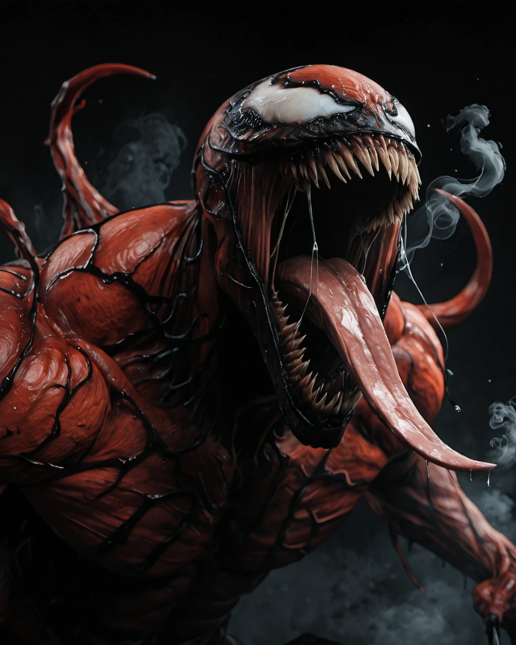 score_9, score_8_up, score_7_up, score_6_up, score_5_up, score_4_up, score_beautiful, front view, upper body, close up face, roar, dynamic pose, pose in motion, throws himself at the camera, masterpiece, an extremely detailed and delicate,extremely fine and beautiful, (masterpiece:1.2), (best quality:1.2), sharp focus, (8k), beautiful, high quality, (highres:1.1), (depth of field),realistic, best quality,masterpiece,ultra high res,(photo realistic:1.2), detailed, extremely detailed 4K, intricate, hyper detailed, illustration, soft lighting, high resolution, sharp detail, perfect lighting, Ca1nag3, teeth, 1boy, solo, darkness, shadow, monster, sharp teeth, claws, no humans, tongue, muscular, saliva, long tongue, tongue out, tentacles, white eyes, red skin, <lora:Carnage_from_Marvel_Universe_il:1>, muscular, darkness around, dark background, thick smoke, fog,