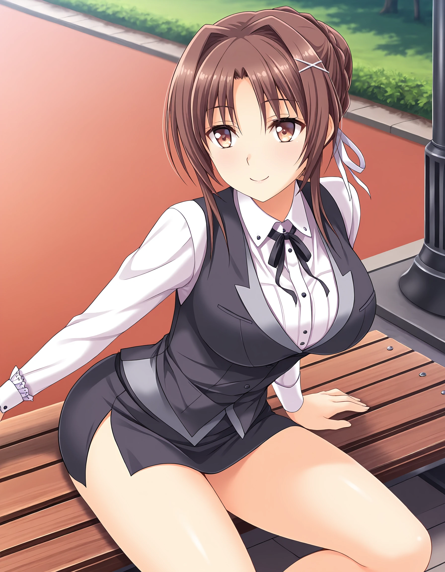 masterpiece, best quality, amazing quality, ultra detail, best resolution, good , good hand,
BREAK <lora:saionji-nao Toriko no Shirabe -Refrain- Chouritsu Sareru Otome-tachi to Onna Kyoushi (Guilty)-illustrious:1> saionji-nao, brown hair, x hairpins, silver hairpins, , brown eyes, hair updo, hair braid, hairbow, white hairbow
BREAK outfit02, Seiren Women's School suit, shirt, white shirt, collared shirt, long sleeves, frilled cuffs, vest, black vest, vest buttons, layering vest, gray vest, close clothes, close vest, loop tie, black loop tie, skirt, black skirt, mini skirt, side slit skirt,  legs,
BREAK 1girl, solo, posing, happy, outdoor,