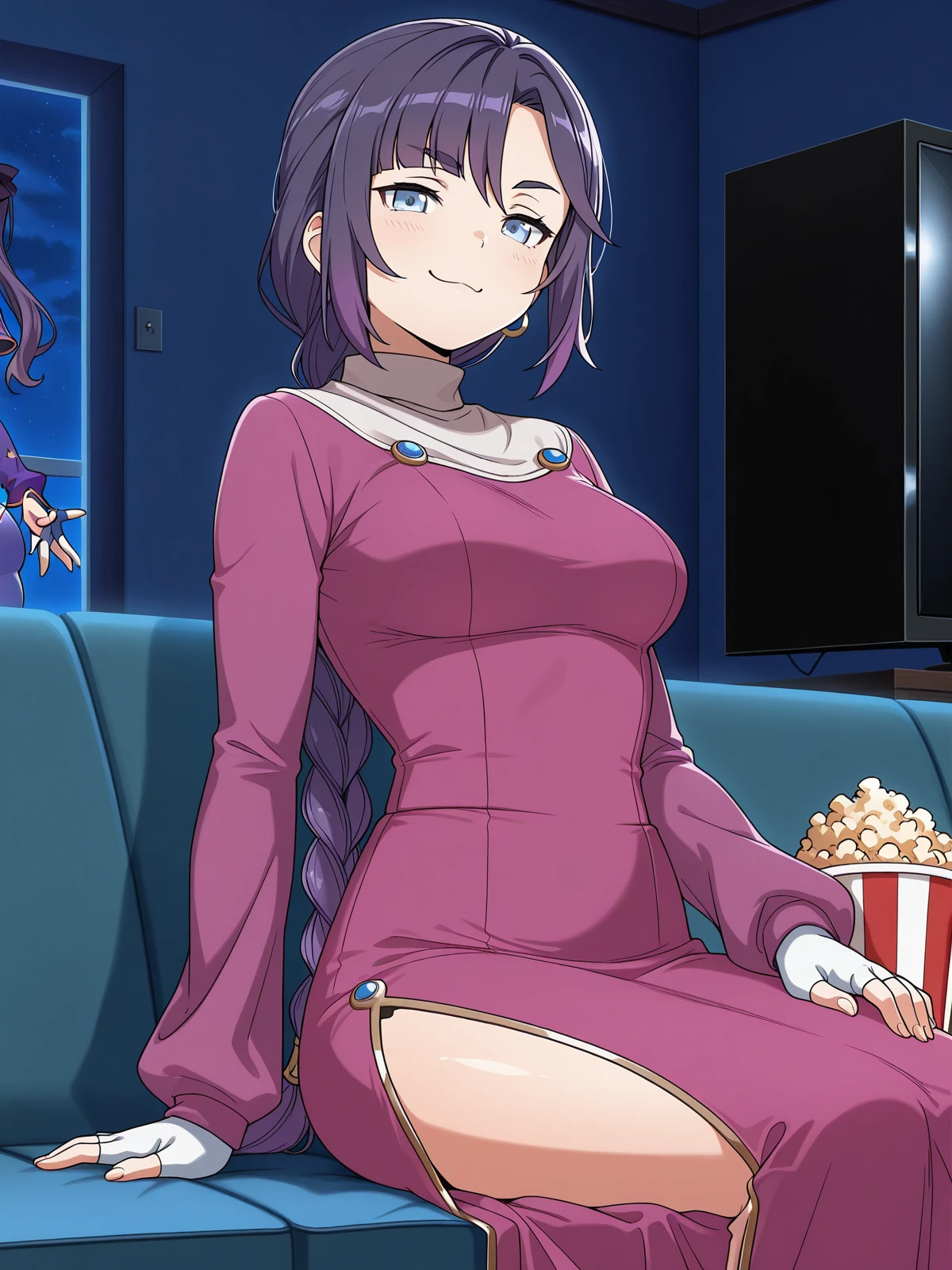 masterpiece, best quality, amazing quality,, <lora:mona-oc-illustriousxl-lora-nochekaiser:1>, mona, blue eyes, purple hair, long hair, braid, braided ponytail, parted bangs, mature female, medium breasts, anime screencap, fingerless gloves, hoop earrings, jewelry, white muffler scarf, side slit, pink dress, long sleeves, smug, living room, television, couch, popcorn, watching movie, night time, sitting, cowboy shot, solo, looking at viewer,