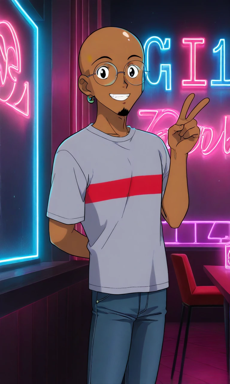 solo,S41l0rm00n, anime style, artstyle,1boy,dark-skinned male, bald,goatee, black eyes,grey shirt, t-shirt, red stripe,jeans,glasses,single earring,round eyewear, indoors, dark,neon lights, smile, teeth, v