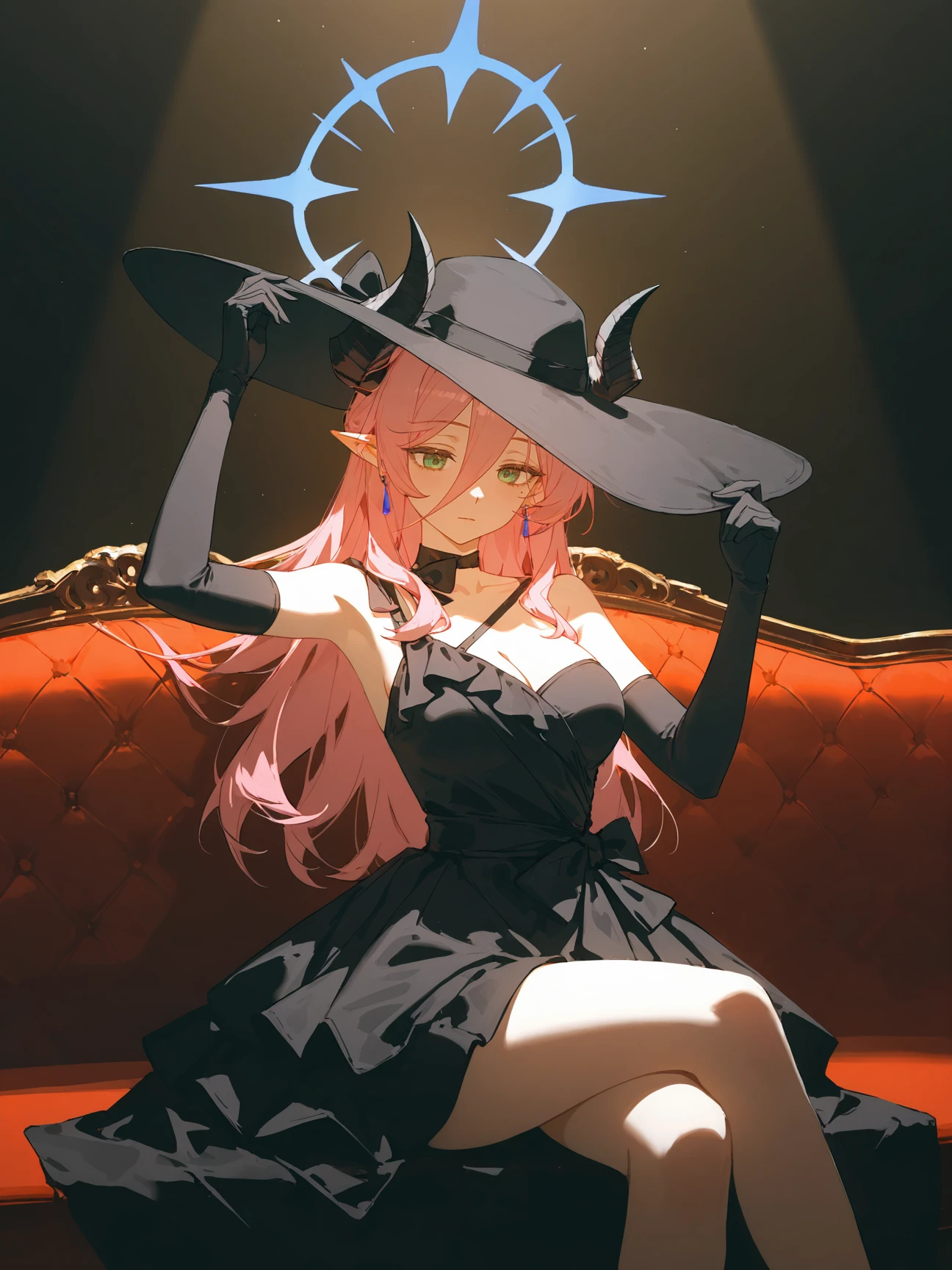 solo,1girl,hat over eyes,wide brim hat,black hat,floppy hat,black ribbon bow,elegant dress,black dress,single strap clothing,black gloves,elbow gloves,elegant pose,tilted head,looking down,graceful pose,high class fashion,sitting on couch,victorian furniture,hand on hat,crossed legs,dynamic angle,dark background,high contrast,spotlight effect,cinematic lighting,
oil painting,impasto,highres,extremely detailed 8k wallpaper,illustration,depth of field,great quality,masterpiece,best quality,amazing quality,very aesthetic,absurdres,wallpaper,detail eyes,artist:dino_(dinoartforame),artist:konya_karasue,(artist:nixeu:0.8),(artist:wlop:0.5),artist:ciloranko BREAK Dark fantasy style,<lora:æ±è:1>,demon horns,earrings,green eyes,hair between eyes,long hair,one mole under only one eye,pink hair,pointy ears,blue halo,horns,