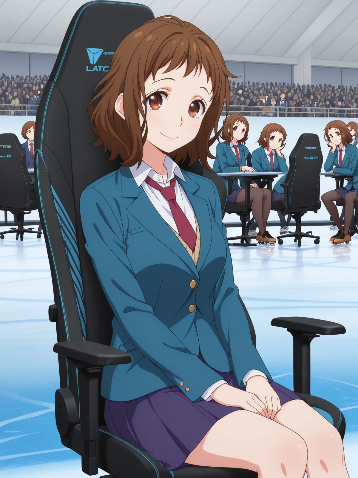 masterpiece, best quality, amazing quality,, <lora:miou-aida-movie-illustriousxl-lora-nochekaiser:1>, miou aida, short hair, brown hair, brown eyes, mature female, , anime screencap, skirt, jacket, pleated skirt, necktie, blazer, blue blazer, shirt, white shirt, collared shirt, red necktie, blue skirt,, <lora:secretlab-chair-illustriousxl-lora-nochekaiser:1>, secretlab chair, chair, office chair, gaming chair, sitting, cowboy shot, elbow rest, skating rink, ice, people, winter, fun, cowboy shot, solo, looking at viewer,