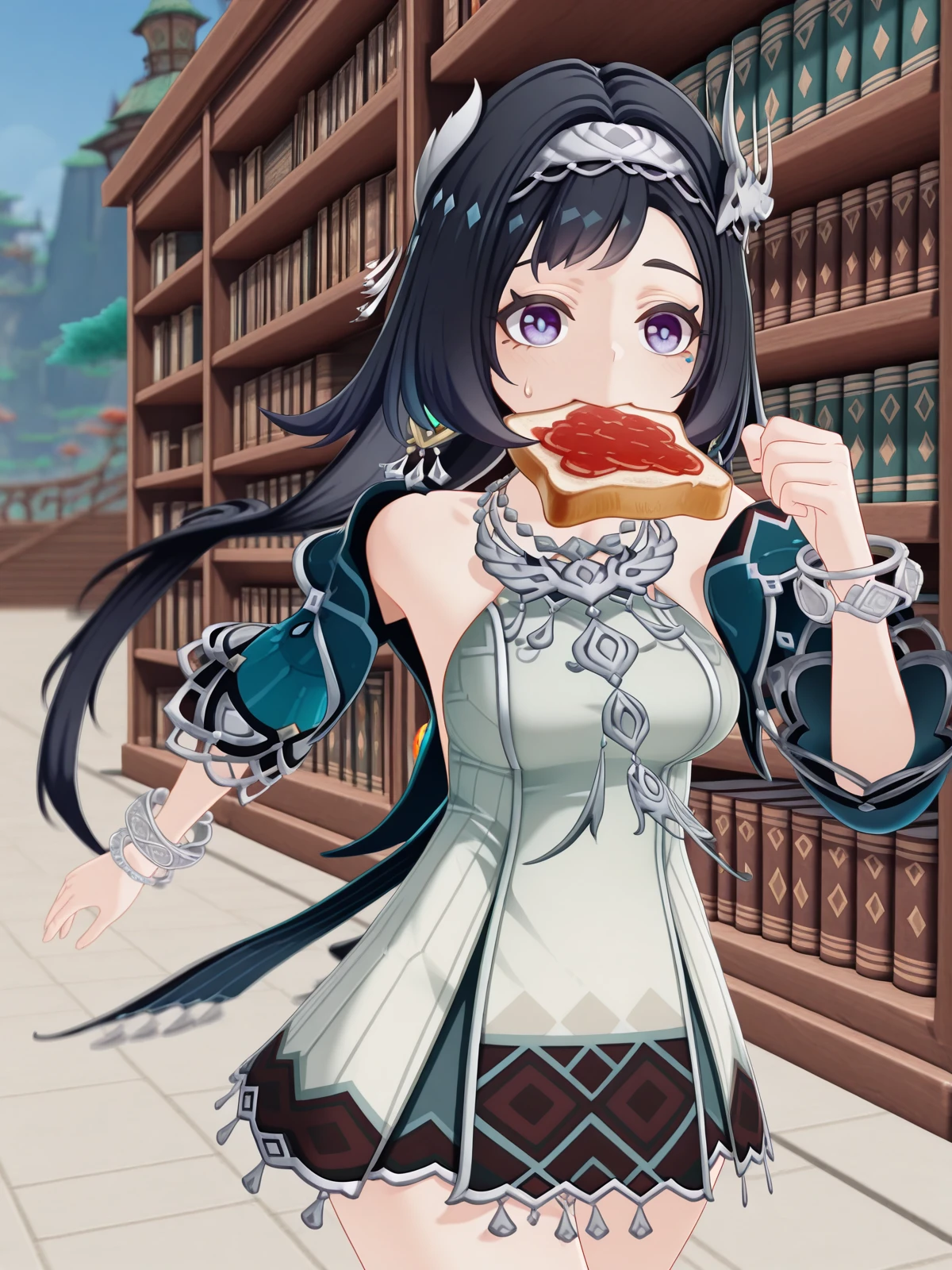 masterpiece, best quality, amazing quality,, <lora:genshin-lan-yan-ingame-illustriousxl-lora-nochekaiser:1>, lan yan, lan yan (genshin impact), long hair, black hair, hair ornament, purple eyes, hairband, mature female, medium breasts, 3d, skirt, dress, jewelry, jacket, white dress, necklace, bracelet, bracelet, <lora:food-in-mouth-running-illustriousxl-lora-nochekaiser:1>, food in mouth running, food in mouth, running, bread, bread slice, food, toast in mouth, toast, sweatdrop, motion lines, motion blur, outdoors, cowboy shot, straight-on, library, books, shelves, reading, quiet, cowboy shot, solo, looking at viewer,
