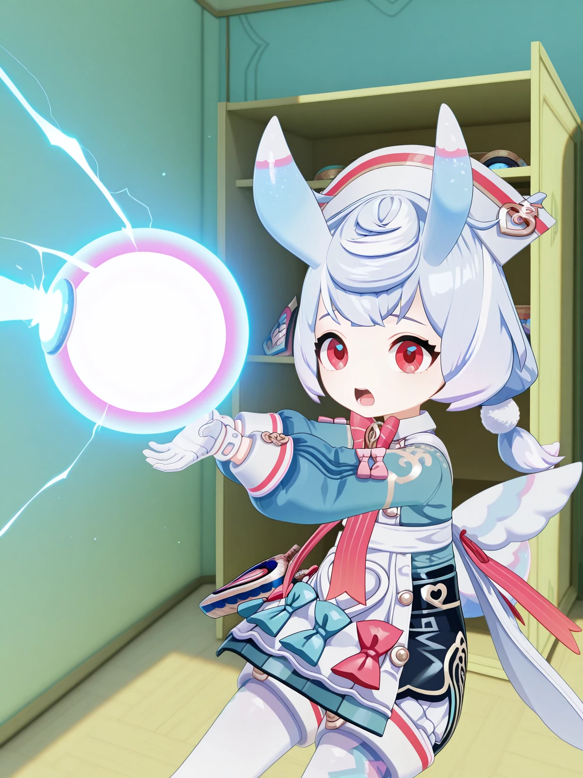 masterpiece, best quality, amazing quality,, <lora:genshin-sigewinne-ingame-illustriousxl-lora-nochekaiser:1>, sigewinne, hair ornament, red eyes, animal ears, twintails, blue hair, purple hair, multicolored hair, gradient hair, low twintails, short twintails, pom pom hair ornament, 3d, long sleeves, gloves, dress, hat, bow, pantyhose, puffy sleeves, white gloves, bowtie, apron, blue dress, white headwear, pink bow, white apron, white pantyhose, pom pom (clothes), nurse cap, pink bowtie, aqua dress,, <lora:kamehameha-illustriousxl-lora-nochekaiser:1>, kamehameha, kamehameha (dragon ball), open mouth, incoming attack, torn clothes, shouting, energy, energy beam, energy ball, from side, electricity,, closet, clothes, shelves, hangers, storage, cowboy shot, solo, looking at viewer,