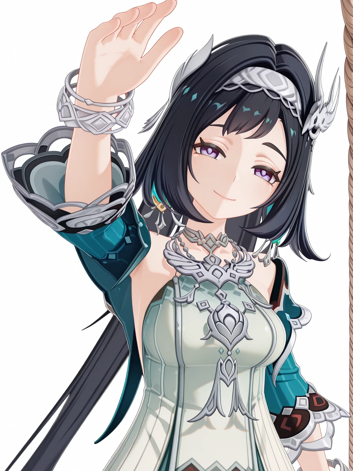 masterpiece, best quality, amazing quality,, <lora:genshin-lan-yan-ingame-illustriousxl-lora-nochekaiser:1>, lan yan, lan yan (genshin impact), long hair, black hair, hair ornament, purple eyes, hairband, mature female, medium breasts, 3d, skirt, dress, jewelry, jacket, white dress, necklace, bracelet, bracelet, <lora:incoming-headpat-illustriousxl-lora-nochekaiser:1>, incoming headpat, headpat, pov, outstretched arm, reaching, reaching towards viewer, looking at viewer, head tilt, closed eyes, smile, upper body, rope bridge, wood, rope, suspension, height, cowboy shot, solo, looking at viewer, <lora:transparent-background-illustriousxl-lora-nochekaiser:1>, transparent background, simple background, white background