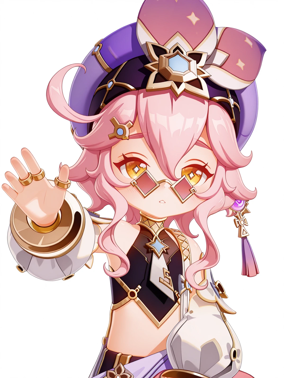 masterpiece, best quality, amazing quality,, <lora:genshin-dori-ingame-illustriousxl-lora-nochekaiser:1>, dori, dori (genshin impact), hair ornament, hair between eyes, yellow eyes, pink hair, ahoge, sidelocks, symbol-shaped pupils, sunglasses, short hair with long locks, 3d, shirt, long sleeves, hair ornament, hat, jewelry, bare shoulders, detached sleeves, sleeveless, pants, puffy sleeves, midriff, stomach, bracelet, crop top, black shirt, sleeveless shirt, sunglasses, ring, puffy long sleeves, white sleeves, tinted eyewear, purple headwear, multiple rings, pince-nez, purple pants, puffy detached sleeves, arabian clothes, puffy pants, harem pants, <lora:incoming-headpat-illustriousxl-lora-nochekaiser:1>, incoming headpat, headpat, pov, outstretched arm, reaching, reaching towards viewer, looking at viewer, parted lips, blush, runway, landing, lights, speed, takeoff, cowboy shot, solo, looking at viewer, <lora:transparent-background-illustriousxl-lora-nochekaiser:1>, transparent background, simple background, white background