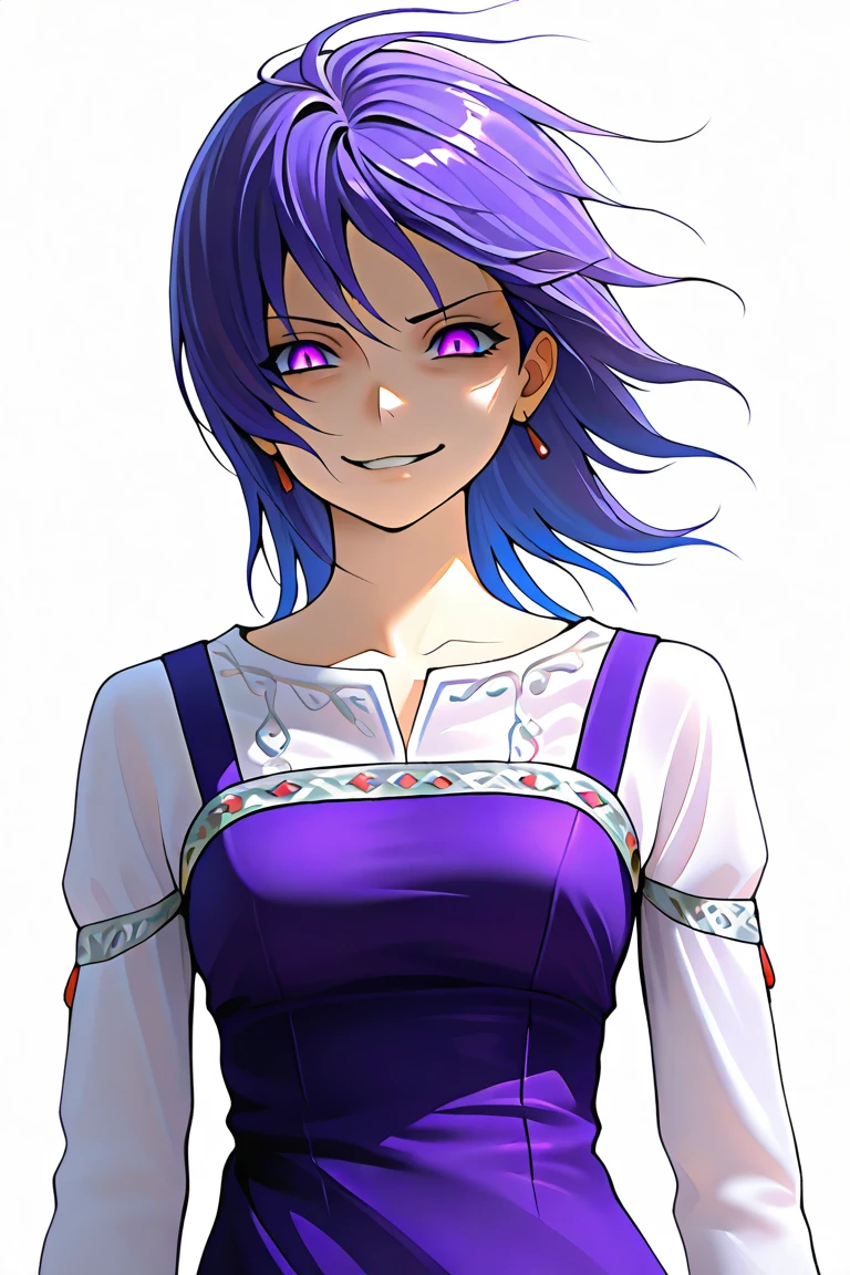 <lora:VeneAnsbachV2_illustrious:1>,sb_vene,white shirt, medium hair, earrings,purple dress, long dress, pinafore dress, long sleeves, 1girl, solo, simple background, boots,purple eyes,purple hair,jewelry, white trim,petticoat, evil smile, wind,upper body,, masterpiece, best quality, amazing quality, newest,detailed face, beautiful eye