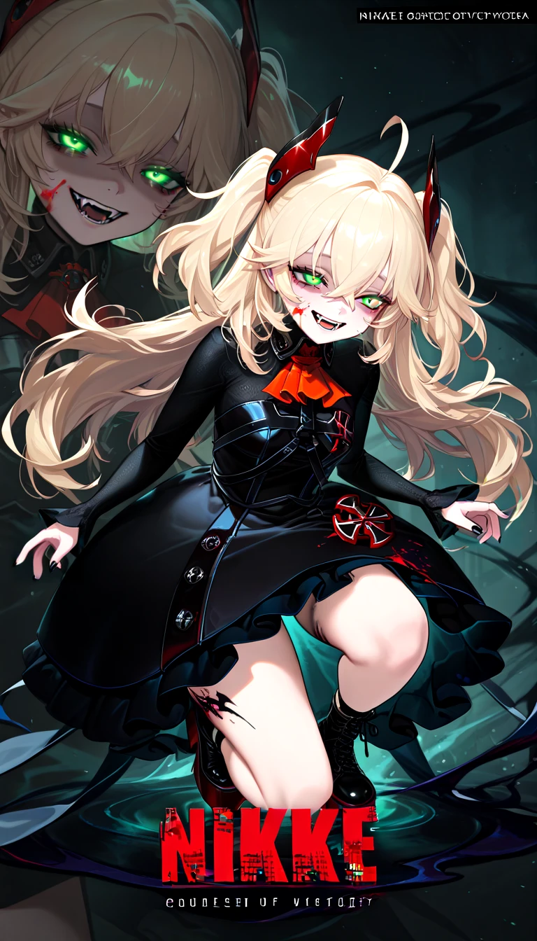 masterpiece, best quality, newest, absurdres, highres, NikkeProfile, full body, checkered background, zoom layer, copyright name, character name, english text, logo, on one knee, looking to the side,(glowing eyes:1.6), mature female, <lora:NikkeProfile_illusXLNoobAI_Incrs_v2:1> ,(darkness:1.6),(glowing eyes:1.6), (horror:1.6), (horror \(theme\):1.6), disease,(evil smile:1.6), cross, ( slanted eyes:1.6), (blood on face:1.6),(blood on clothes:1.6), fog, (fangs:1.6),
 <lora:Tyber_Hipper Meta_AL_NOOB:1> HipperMETA, long hair, blonde hair, two-side up, hair between eyes, ahoge, green eyes, red pupils, bags under eyes, tsundere, small breasts, headgear, black collared shirt, long sleeves, red ascot, black sleeveless dress, frilled dress, short dress, chest strap, black nails, iron cross,  ankle strap, black lace-up platform boots,leg tattoo,