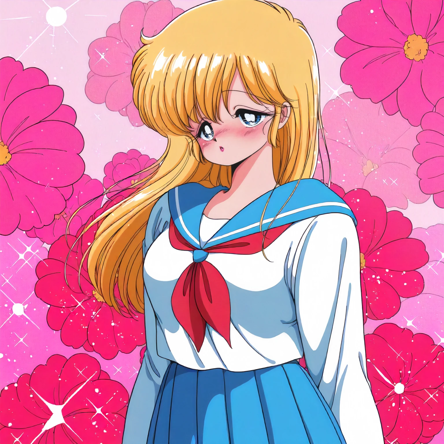 <lora:1+2P_nakamura_yukaXLIllustrious002>,
masterpiece,best quality,good quality,newest,
flower background,glitter,
half-closed eyes,blush,parted lips,
looking at viewer,
solo,
anime coloring,retro artstyle,1980s (style),
nakamura_yuka\(1+2=paradise\),1girl,blonde hair,long hair,blue eyes,lips,
blue sailor color,white shirt,red_neckerchief,long_sleeves,
blue skirt,pleated_skirt,
cowboy shot,
standing,