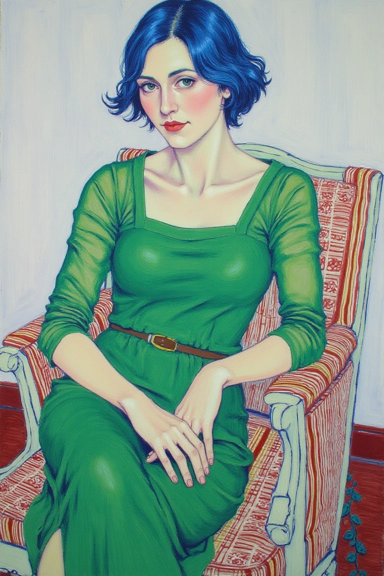 A painting by HOPEGANG of a portrait of a woman sitting in a chair with blue short hair, wearing a green dress, seated on a striped chair; high detail.