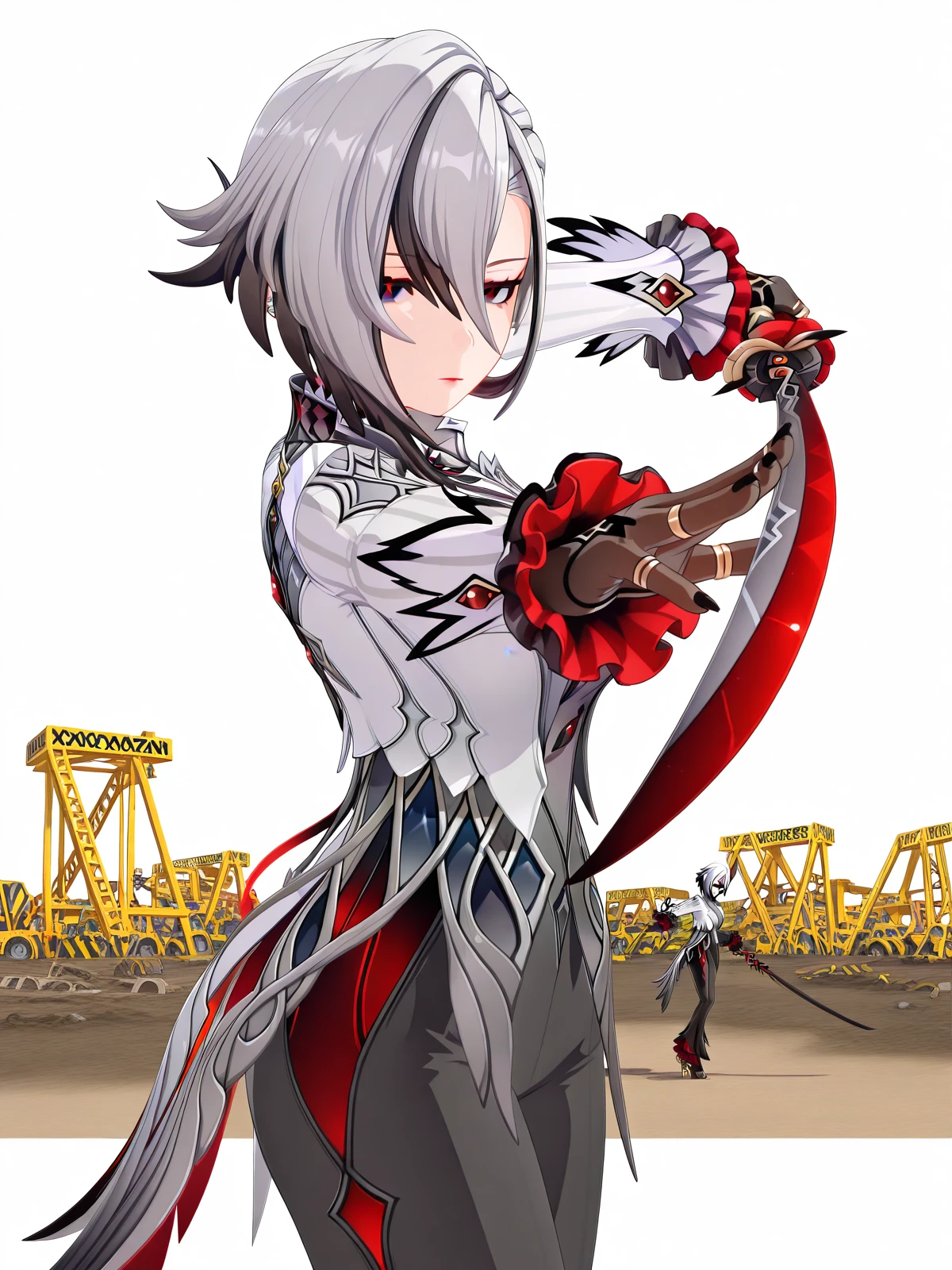 masterpiece, best quality, amazing quality,, <lora:genshin-arlecchino-ingame-illustriousxl-lora-nochekaiser:1>, arlecchino, arlecchino (genshin impact), short hair, black hair, hair between eyes, white hair, grey hair, multicolored hair, black eyes, two-tone hair, streaked hair, symbol-shaped pupils, red pupils, x-shaped pupils, mature female, large breasts, 3d, long sleeves, gloves, jacket, black gloves, pants, coat, black pants, suit,, <lora:gatotsu-stance-illustriousxl-lora-nochekaiser:1>, gatotsu stance, weapon, sword, katana, holding weapon, holding, holding sword, foreshortening,, construction site, machines, workers, progress, dirt, cowboy shot, solo, looking at viewer, <lora:transparent-background-illustriousxl-lora-nochekaiser:1>, transparent background, simple background, white background