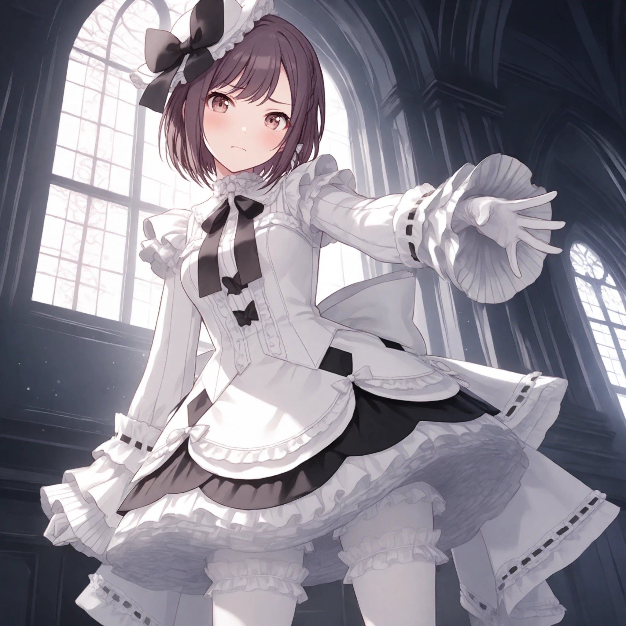 nijistyle, 1girl, shinonome ena, project sekai, solo, from below,
keikyoku ena, brown eyes, detailed eyes, slightly sad expression,
looking at viewer, standing, legs apart, head tilt, reaching, arm at side, open fingers, four fingers and thumb,
white bow, frills, white hat, white gloves, white dress, hat bow, white pantyhose, hair bow, white bloomers, sleeves past wrists, ribbon trim, black bow, frilled dress, skirt, wide sleeves, dress bow, frilled sleeves, thighhighs, hair ornament, ribbon, back bow, ribbon-trimmed sleeves,
midnight, dark, indoors, gothic room,
masterpiece, amazing quality, very aesthetic, ultra detailed, highres,
<lora:hand 5.5:1>, <lora:IL-style-nijistyle02:0.6>, <lora:IL-25-KeikyokuEn01:0.6>