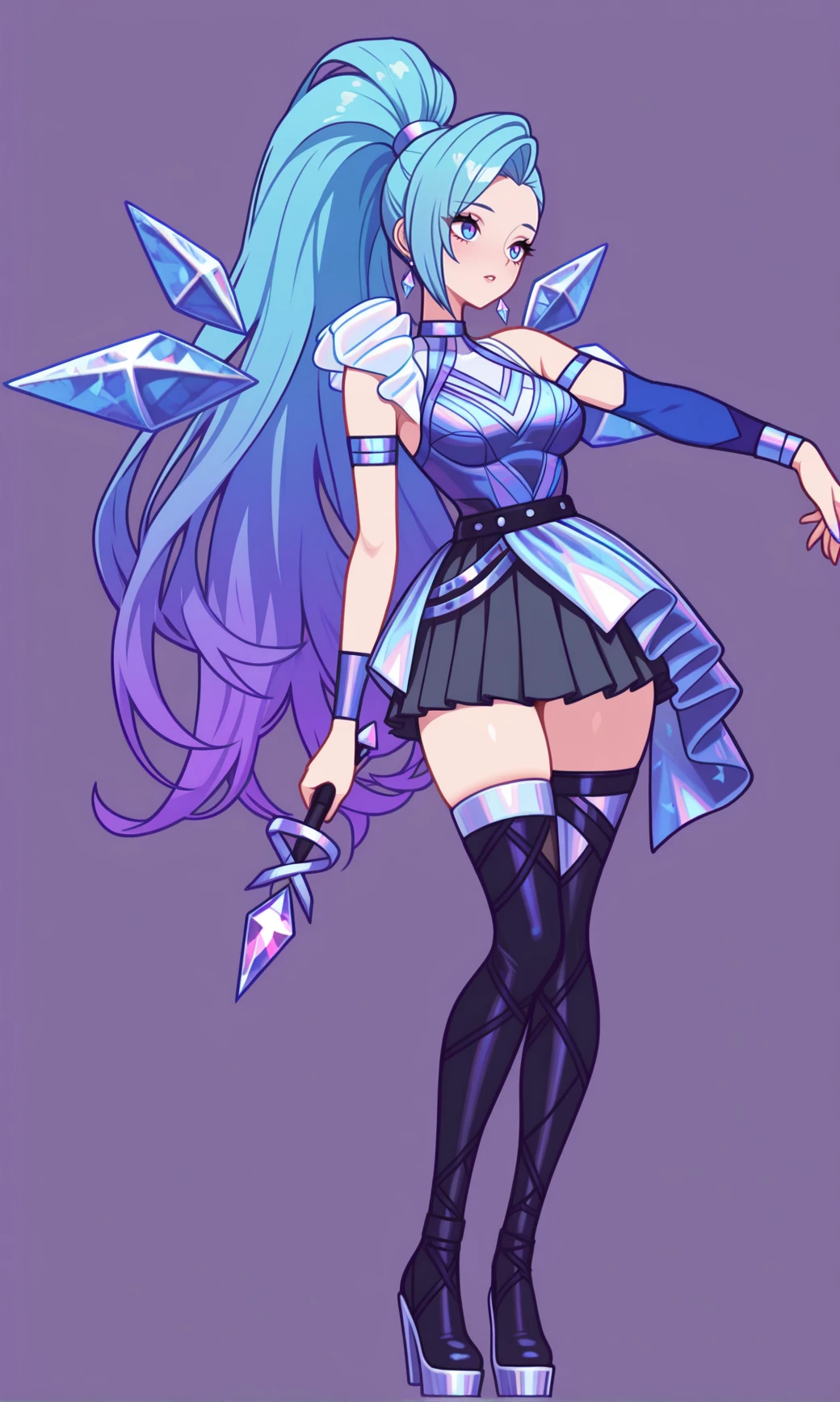 masterpiece, best quality, amazing quality,  absurdres,
, ,   ,  ,      <lora:KDA_ALLO_SS_Seraphine-e100_s1300:1> KDA_A_O_SSt_Seraphene, long hair, aqua blue hair, high ponytail, side-swept bang, blue eyes, slim body, purple blue outfit ,sleeveless dress, crossed straps, dark pleated skirt, thigh-high boots, heels, blue arm bands , single sleeve, dynamic pose,   <lora:flatline_v2_-_Illus_x_Niji:1.2> Flatline, Flat vector illustration