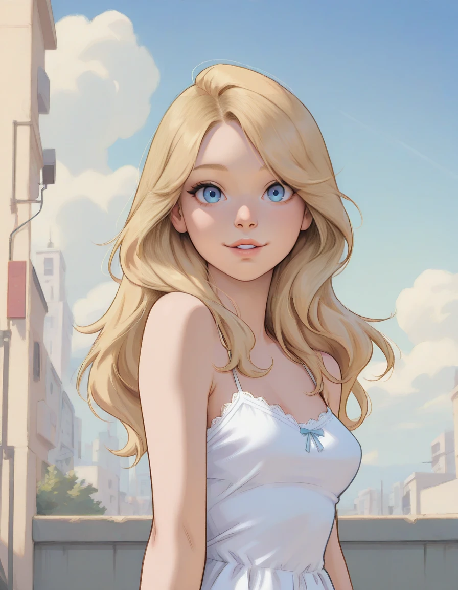 parted lips, gentle smile, sundress, half top body view, looking at viewer, solo,   masterpiece, best quality,  <lora:myLovelyBlond:0.8> 1girl, long hair, blond hair, blue eyes, camisole dress, ,