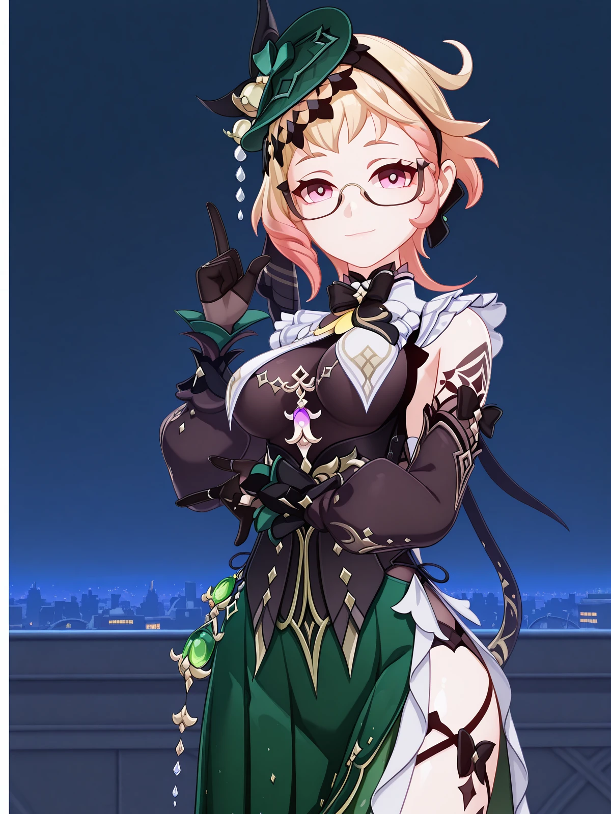 masterpiece, best quality, amazing quality,, <lora:genshin-emilie-ingame-illustriousxl-lora-nochekaiser:1>, emilie, emilie (genshin impact), short hair, blonde hair, pink eyes, ahoge, multicolored hair, glasses, gradient hair, semi-rimless eyewear, mature female, medium breasts, 3d, bare shoulders, black bow, black bowtie, black corset, black gloves, black ribbon, black shirt, bowtie, breast curtains, corset, detached sleeves, fascinator, green hat, green skirt, hat, long sleeves, side slit, skirt, sleeveless, sleeveless shirt,, <lora:kakyoin-noriakis-pose-illustriousxl-lora-nochekaiser:1>, kakyoin noriakis pose, kakyoin noriaki's pose (jojo), jojo pose, m/, pointing up, hands up, looking at viewer, smile, cowboy shot, city skyline, rooftop view, night time, city lights, quiet reflection, cowboy shot, solo, looking at viewer, <lora:transparent-background-illustriousxl-lora-nochekaiser:1>, transparent background, simple background, white background
