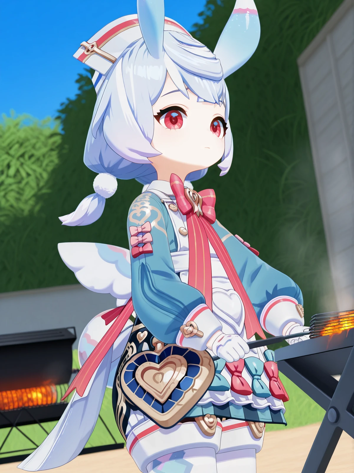 masterpiece, best quality, amazing quality,, <lora:genshin-sigewinne-ingame-illustriousxl-lora-nochekaiser:1>, sigewinne, hair ornament, red eyes, animal ears, twintails, blue hair, purple hair, multicolored hair, gradient hair, low twintails, short twintails, pom pom hair ornament, 3d, long sleeves, gloves, dress, hat, bow, pantyhose, puffy sleeves, white gloves, bowtie, apron, blue dress, white headwear, pink bow, white apron, white pantyhose, pom pom (clothes), nurse cap, pink bowtie, aqua dress,, from below, backyard, barbecue, grilling, laughter, summer evening, cowboy shot, solo, looking at viewer,