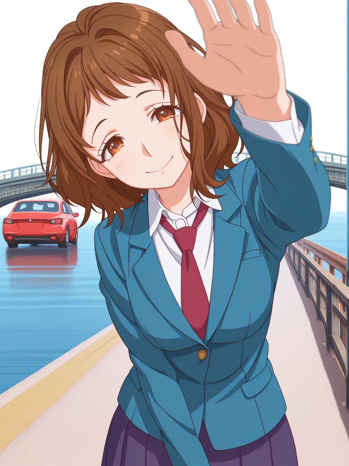 masterpiece, best quality, amazing quality,, <lora:miou-aida-movie-illustriousxl-lora-nochekaiser:1>, miou aida, short hair, brown hair, brown eyes, mature female, , anime screencap, skirt, jacket, pleated skirt, necktie, blazer, blue blazer, shirt, white shirt, collared shirt, red necktie, blue skirt,, <lora:incoming-headpat-illustriousxl-lora-nochekaiser:1>, incoming headpat, headpat, pov, outstretched arm, reaching, reaching towards viewer, looking at viewer, head tilt, closed eyes, smile, cowboy shot, bridge, connection, water, road, cars, cowboy shot, solo, looking at viewer, <lora:transparent-background-illustriousxl-lora-nochekaiser:1>, transparent background, simple background, white background