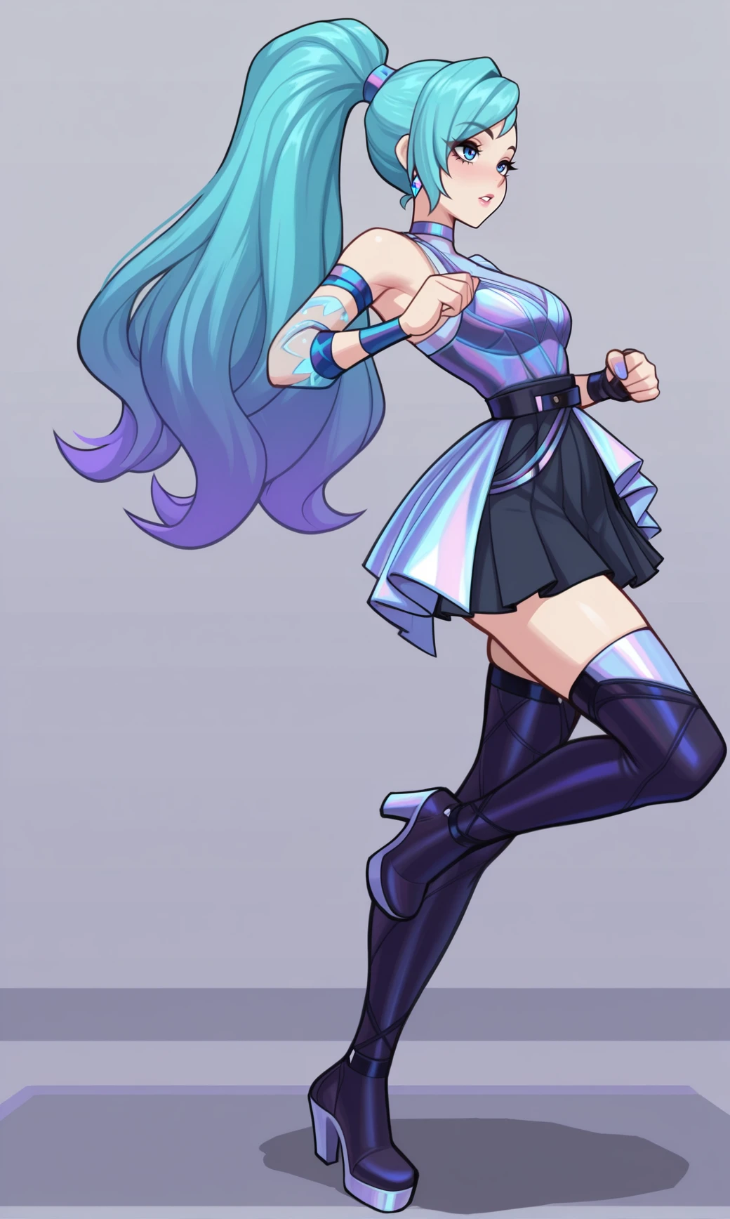 masterpiece, best quality, amazing quality,  absurdres,
, ,   ,  ,      <lora:KDA_ALLO_SS_Seraphine-e100_s1300:1> KDA_A_O_SSt_Seraphene, long hair, aqua blue hair, high ponytail, side-swept bang, blue eyes, slim body, purple blue outfit ,sleeveless dress, crossed straps, dark pleated skirt, thigh-high boots, heels, blue arm bands , single sleeve, dynamic pose,   <lora:necrodancerStyle_illustrious_byJaneB:1.3> necrodancerStyle