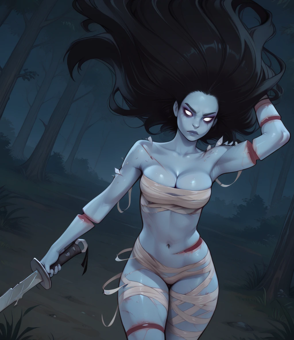 tsprtxl, black large hair, white eyes,
glass in skin, makeup,
bandages, cleavage, navel, holding sword, arm raised,
hips, looking at viewer,
night, outdoors, dynamic angle,
(insanely detailed, masterpiece, best quality), <lora:TheSpiritDExl-12v1-il:1>,