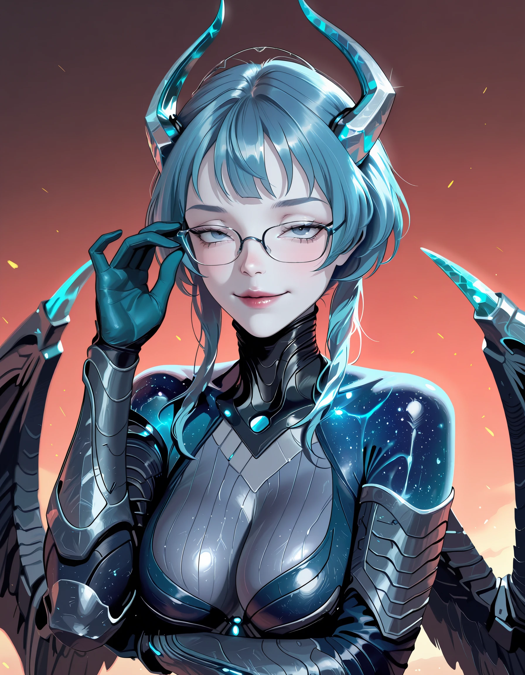 SmoothNoob_Quality, masterpiece, best quality, newest, absurdres, highres, very awa, very aesthetic, ultra-detailed, vivid, m7radiogalaxy, babata, swallowed_star, artificial_intelligence, energy_body, pale_skin, horns, wings, grey_eyes, blue_hair, 1girl, solo, glasses, adjusting eyewear, looking at viewer, , armor, upper body, , smile, glasses, locked in, focused, one arm crossed, <lora:M7radiogalaxyILL:0.7> <lora:Babata_Swallowed_Star_ILL-000003:1>